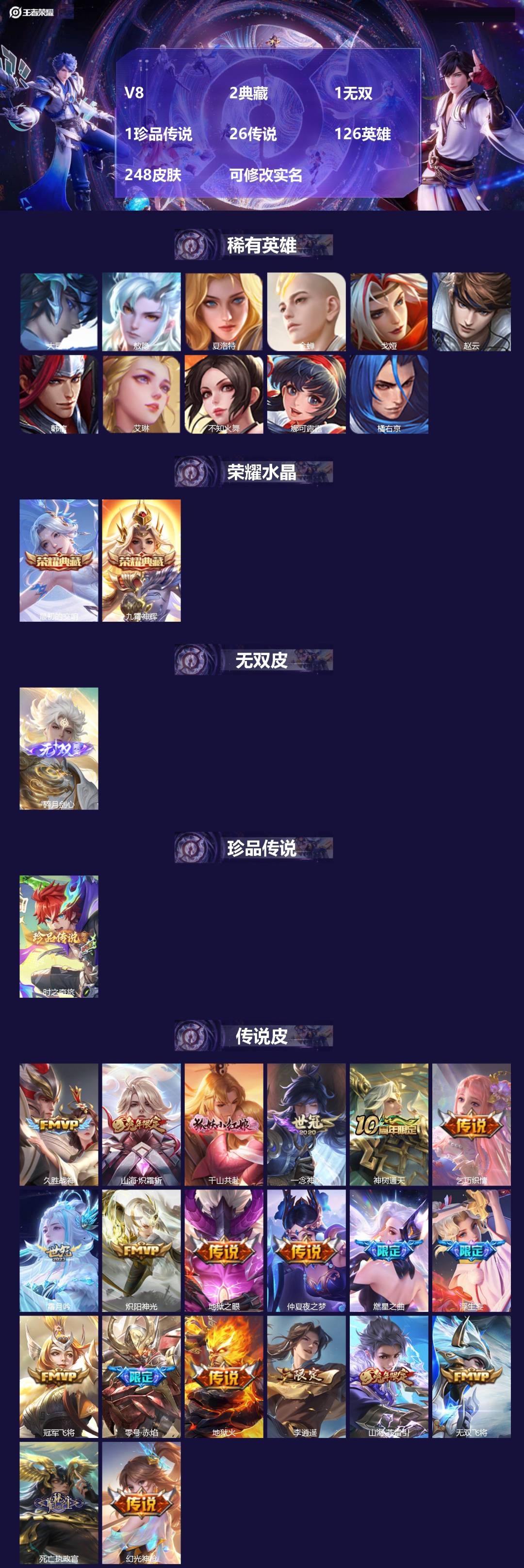 王者荣耀账号安卓QQ126英雄-248皮肤-[]V8 2典藏 1无双 1珍品传说 26传说 126英雄 248皮肤 可修