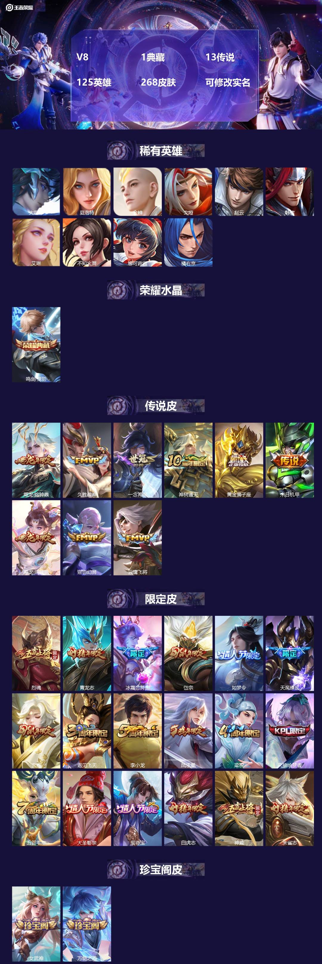 王者荣耀账号安卓QQ125英雄-268皮肤-[]V8 1典藏 13传说 125英雄 268皮肤 可修改实名 
【稀有英雄