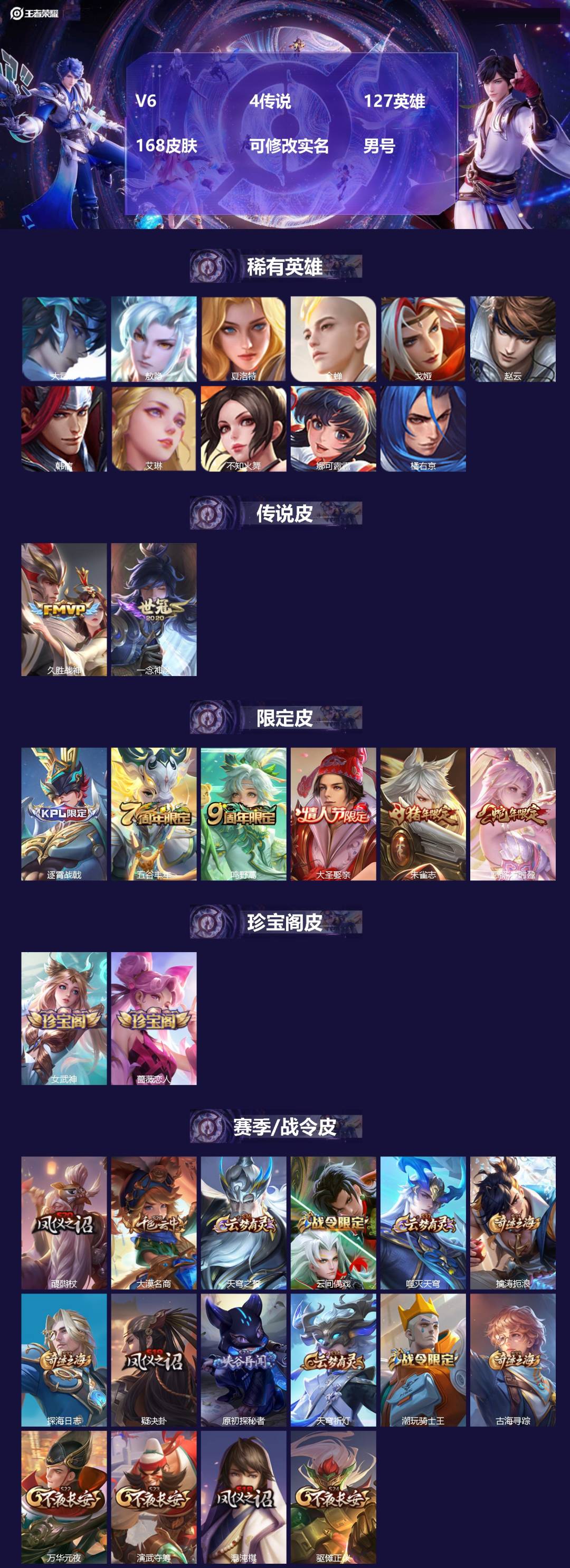 王者荣耀账号安卓QQ127英雄-168皮肤-[]V6 4传说 127英雄 168皮肤 可修改实名 男号 
【英雄全皮】敖