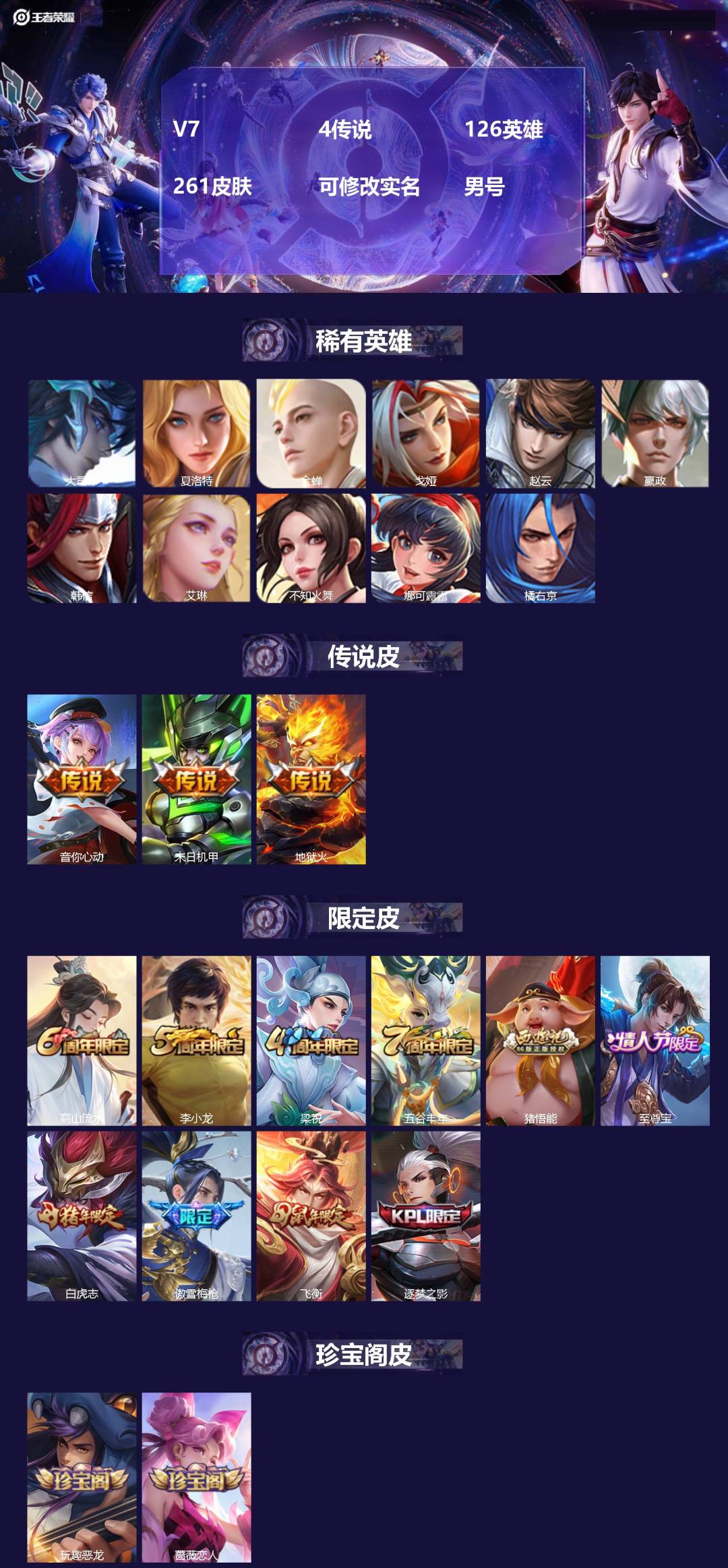 王者荣耀账号安卓QQV7 4传说 126英雄 261皮肤 可修改实名 男号 
【英雄全皮】猪八戒全皮
【稀有英雄】大司命
