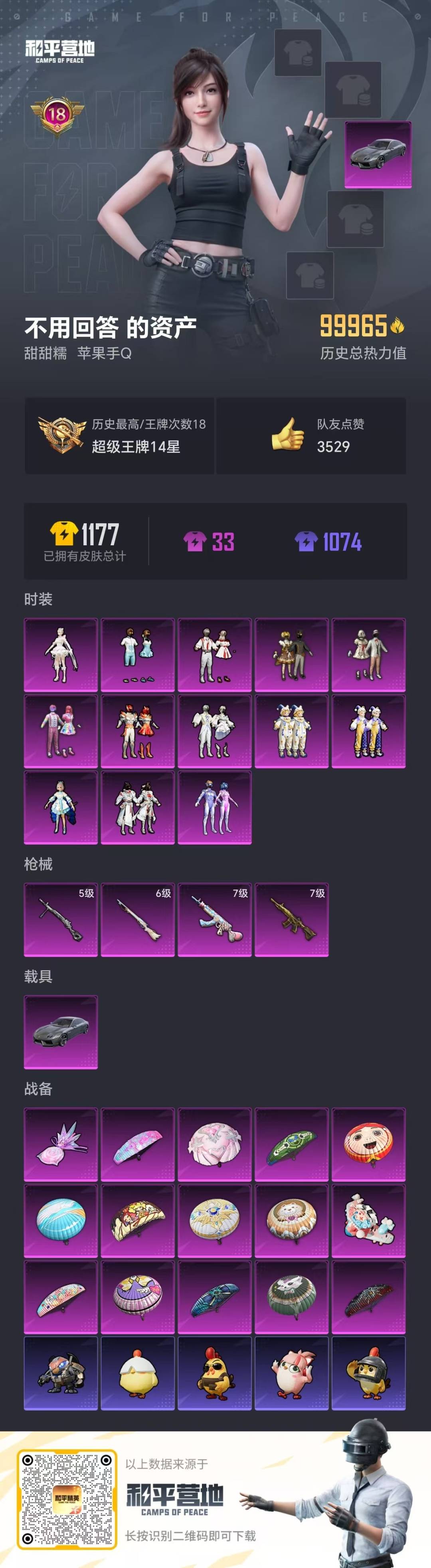 和平精英账号苹果QQ1载具-266套装-259枪皮-[]13粉装 4特效枪 1载具 18印记 可二次 可修改实名 
【热