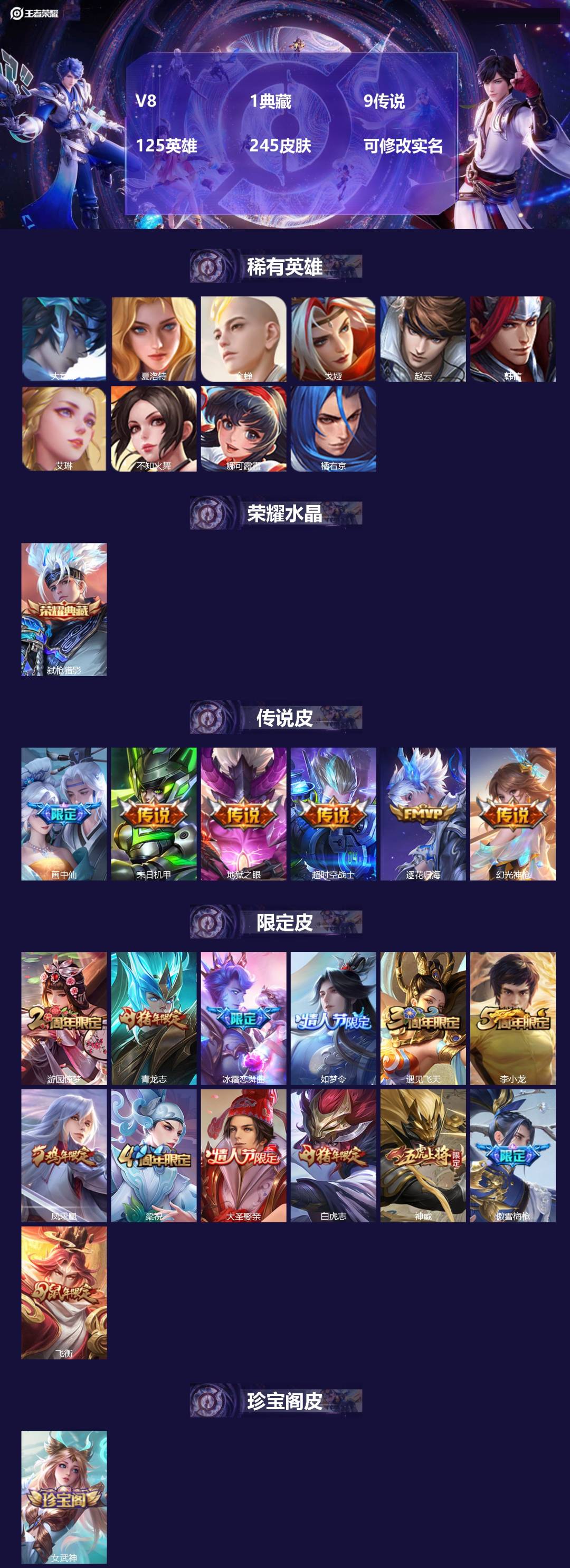 王者荣耀账号苹果QQ[16342631]V8 1典藏 9传说 125英雄 245皮肤 可修改实名 
【英雄全皮】影全皮
