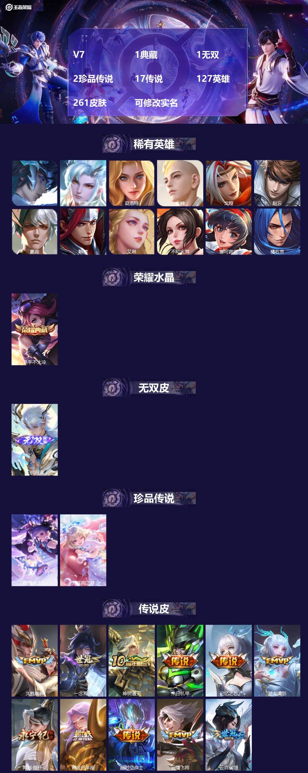 王者荣耀账号安卓QQ[16342683]V7 1典藏 1无双 2珍品传说 17传说 127英雄 261皮肤 可修改实名 