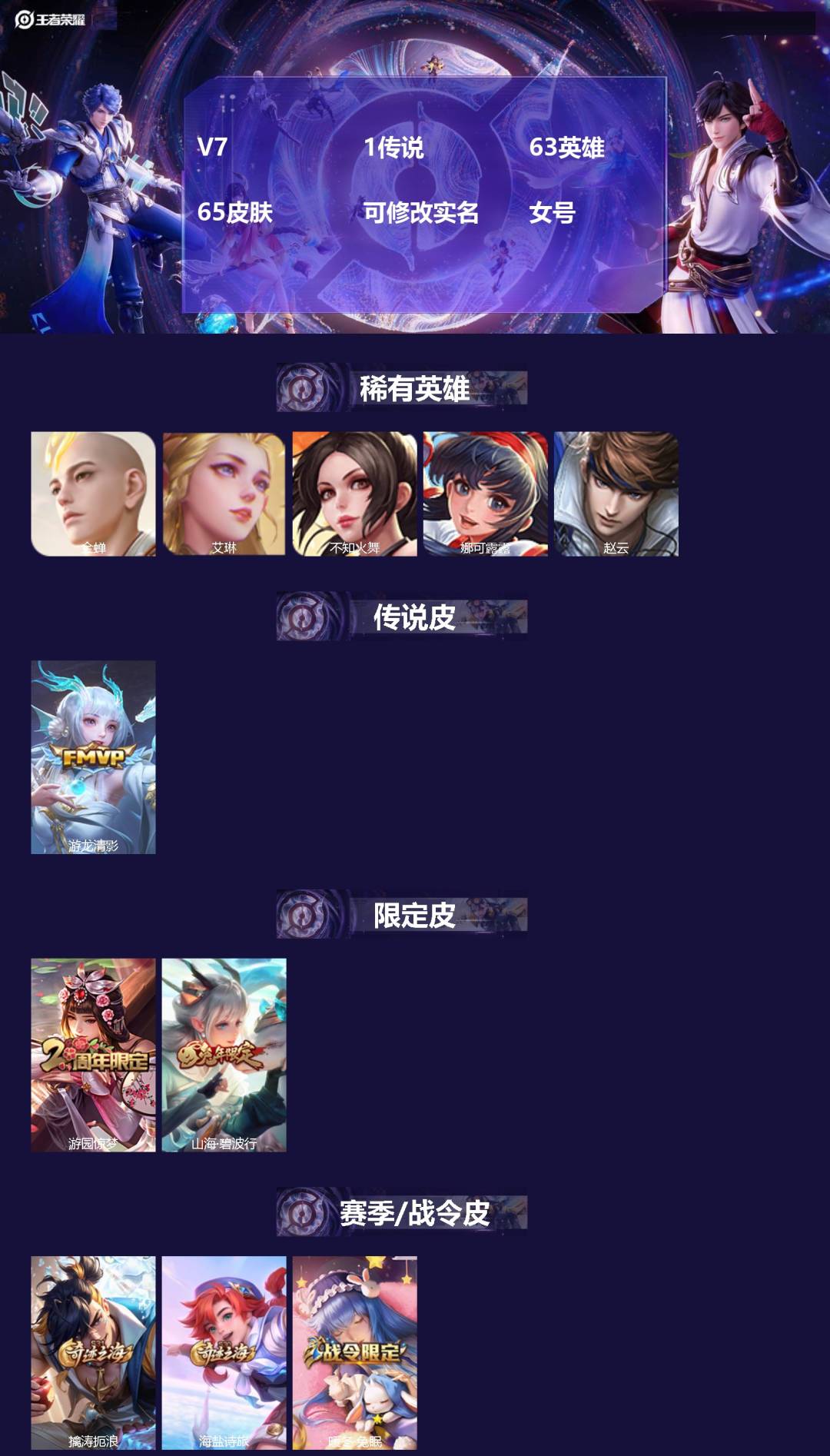 王者荣耀账号安卓QQV7 1传说 63英雄 65皮肤 可修改实名 女号 
【稀有英雄】艾琳,娜可露露(鸟人),不知火舞,