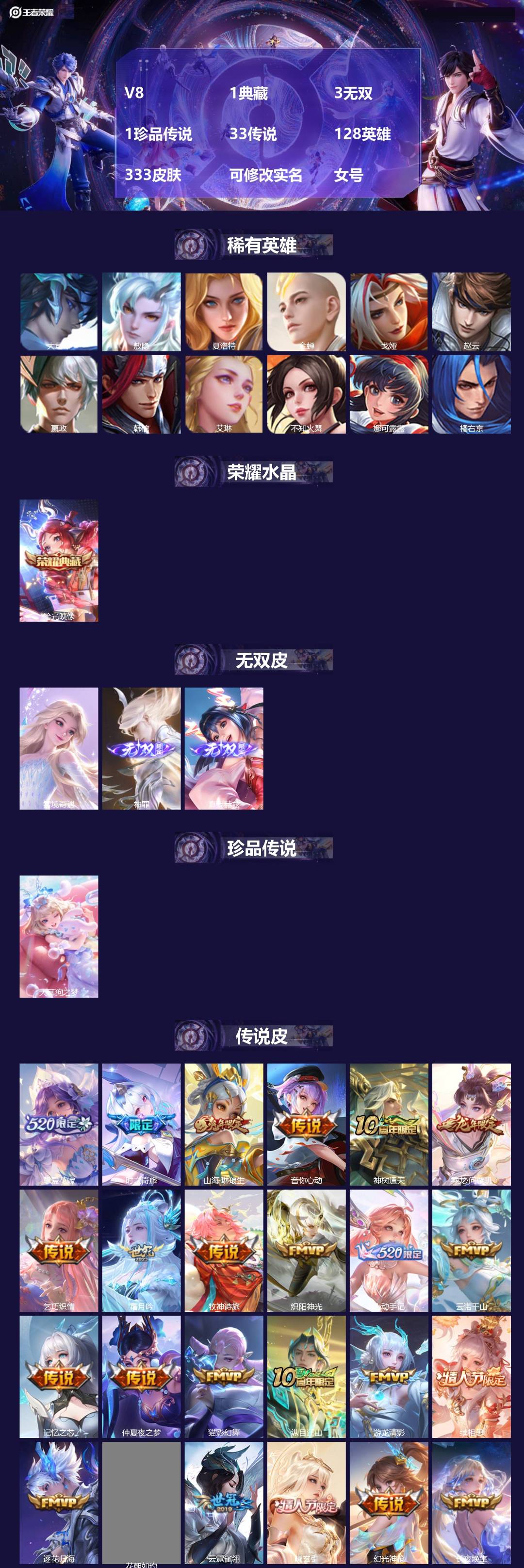 王者荣耀账号安卓QQ128英雄-333皮肤-[]V8 1典藏 3无双 1珍品传说 33传说 128英雄 333皮肤 可修