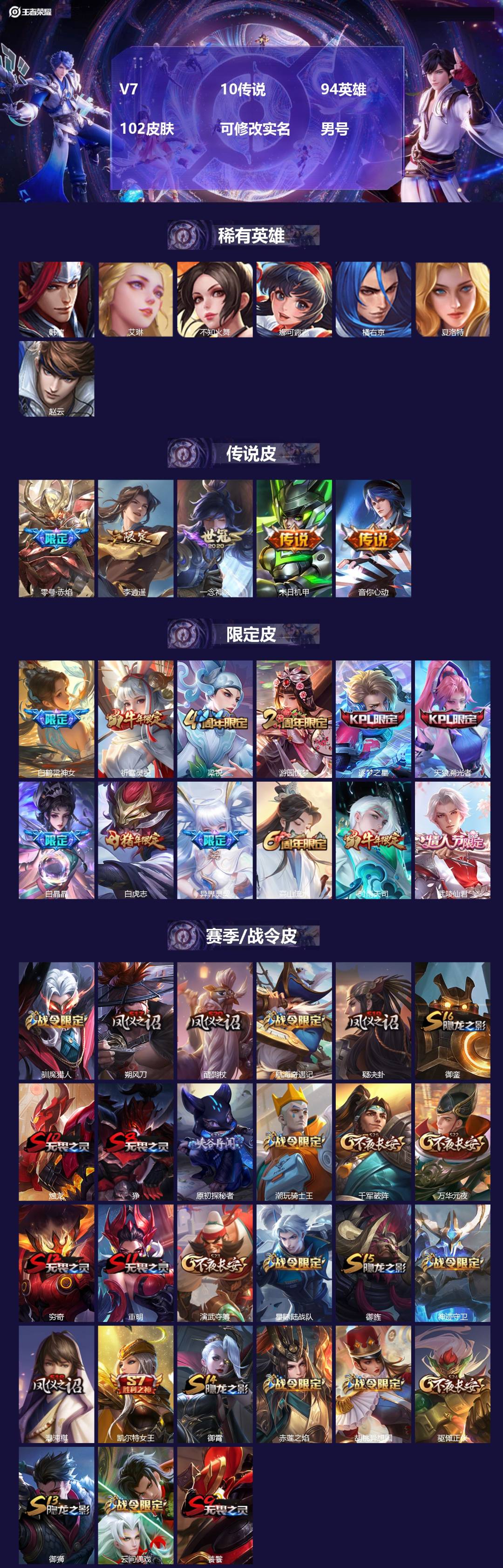 王者荣耀账号安卓QQV7 10传说 94英雄 102皮肤 可修改实名 男号 
【稀有英雄】韩信(韩跳跳),夏洛特(夏师傅