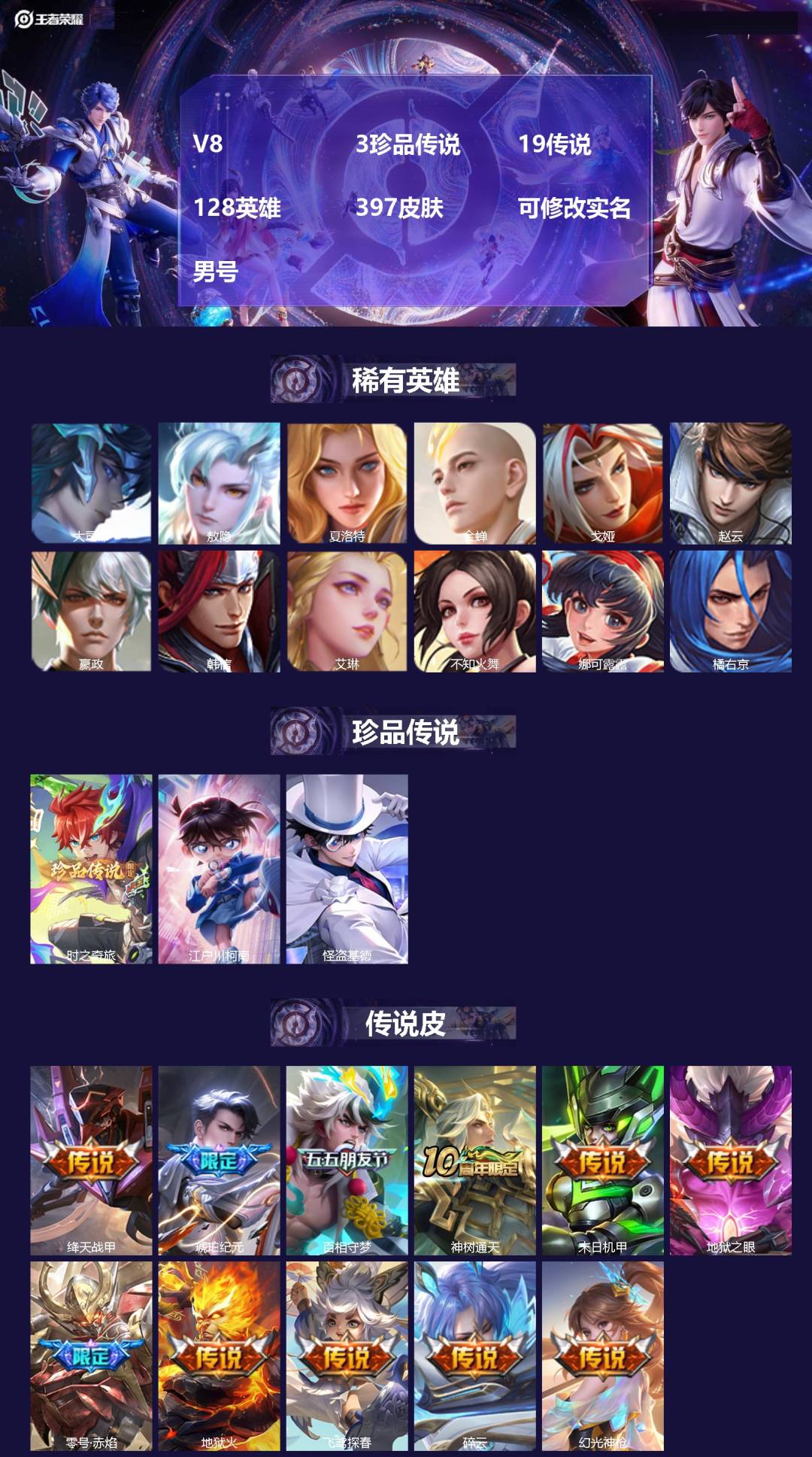 王者荣耀账号安卓QQV8 3珍品传说 19传说 128英雄 397皮肤 可修改实名 男号 
【英雄全皮】敖隐全皮,空空儿