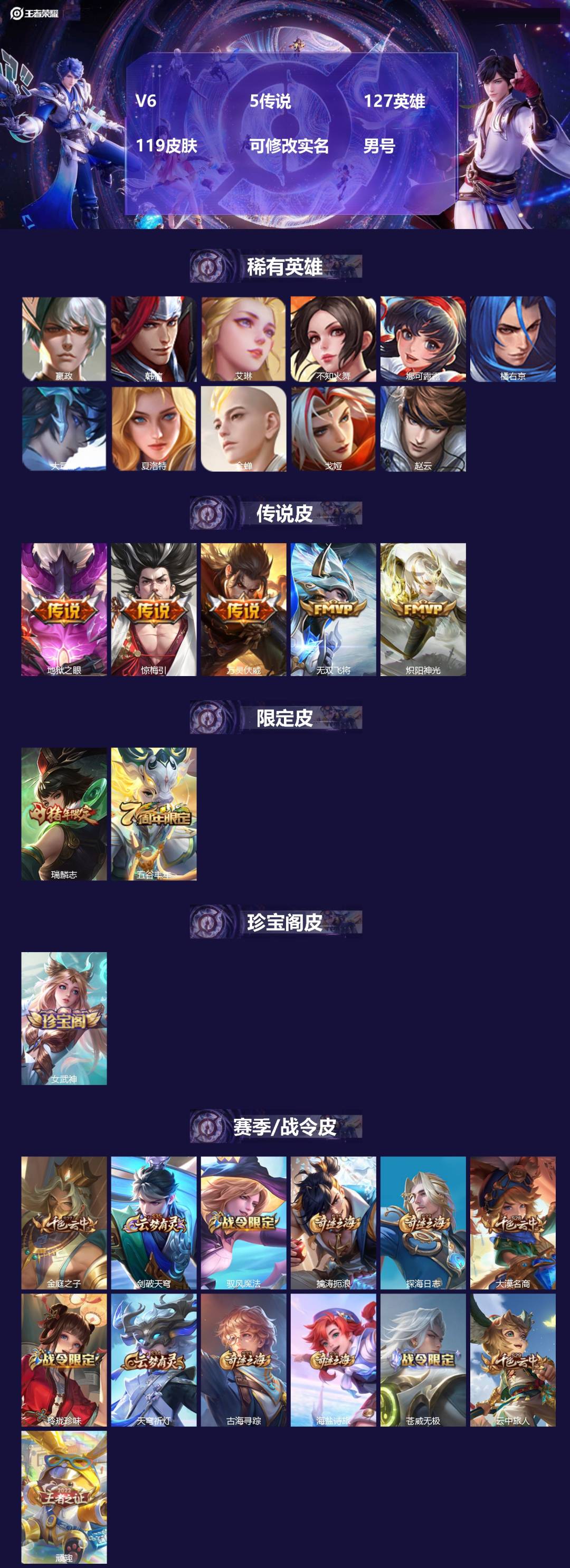 王者荣耀账号苹果QQ127英雄-119皮肤-[]V6 5传说 127英雄 119皮肤 可修改实名 男号 
【英雄全皮】孙