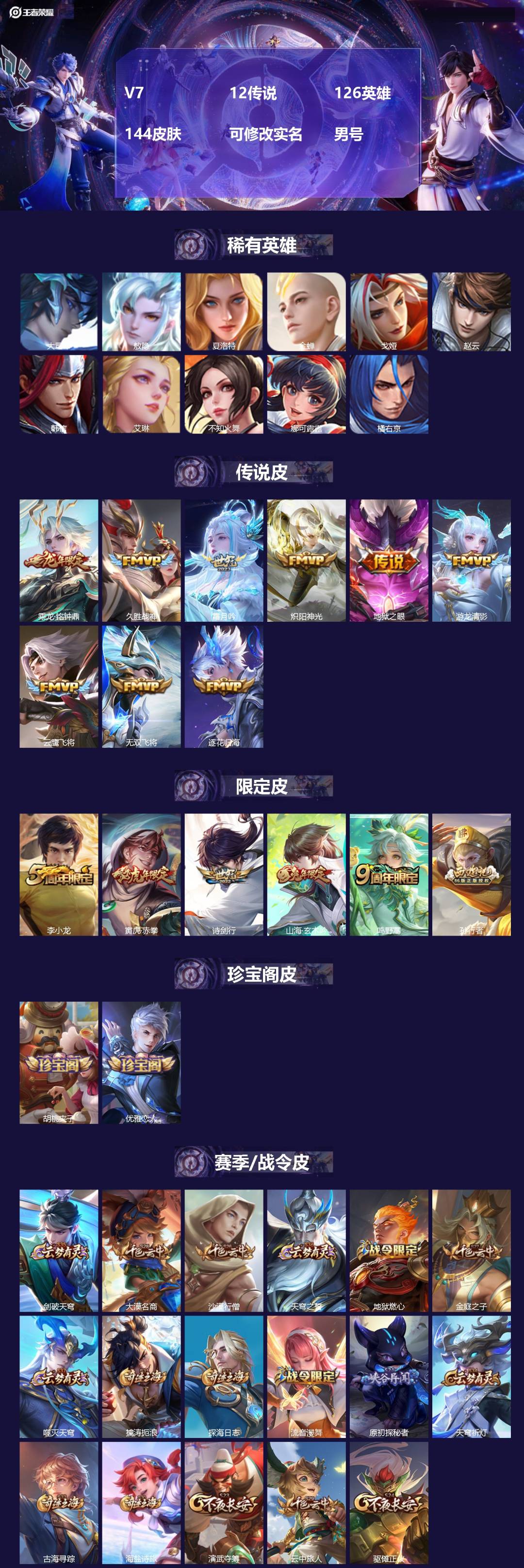 王者荣耀账号苹果QQV7 12传说 126英雄 144皮肤 可修改实名 男号 
【英雄全皮】敖隐全皮,孙权全皮,蚩奼全皮