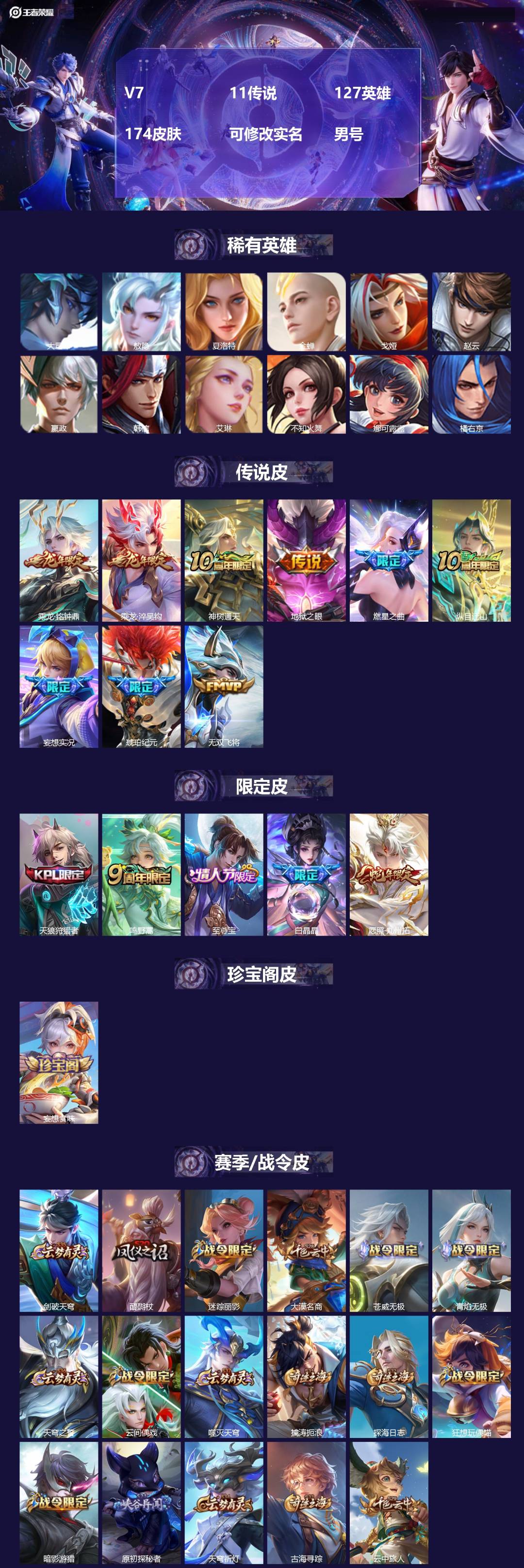 王者荣耀账号苹果QQ127英雄-174皮肤-[]V7 11传说 127英雄 174皮肤 可修改实名 男号 
【英雄全皮】