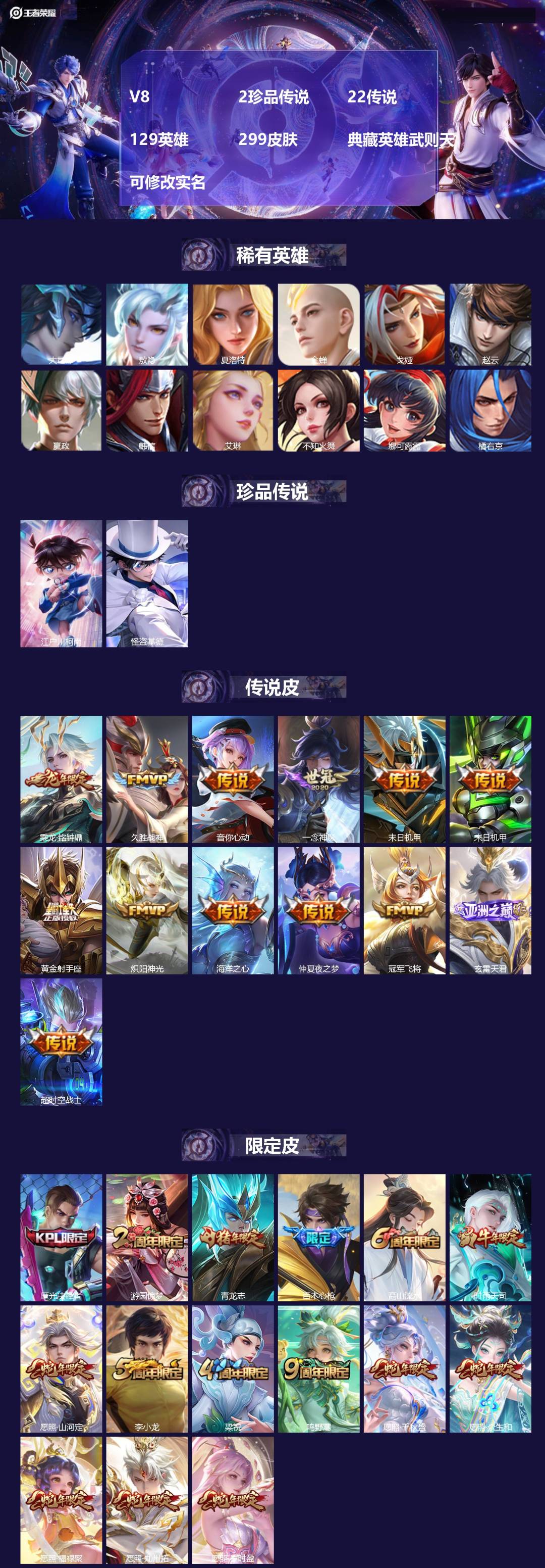 王者荣耀账号安卓QQ[16388707]V8 2珍品传说 22传说 129英雄 299皮肤 典藏英雄武则天 可修改实名 