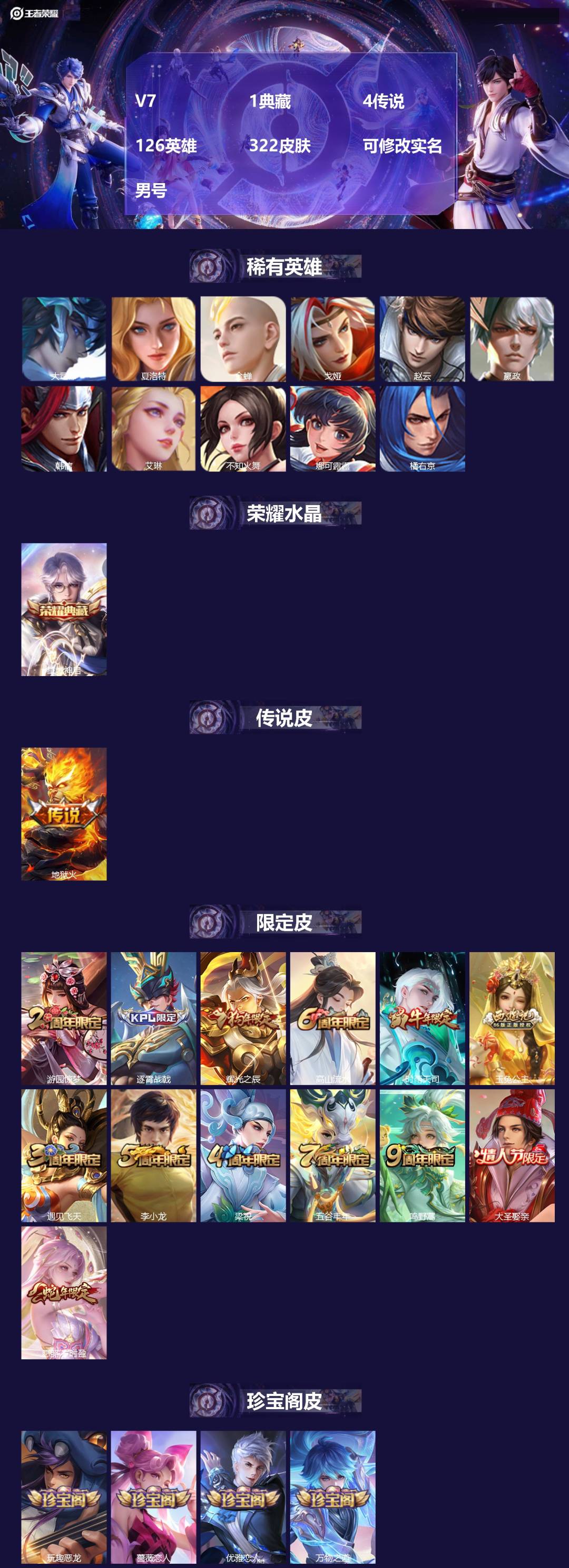 王者荣耀账号苹果QQ126英雄-322皮肤-[]V7 1典藏 4传说 126英雄 322皮肤 可修改实名 男号 
【英雄