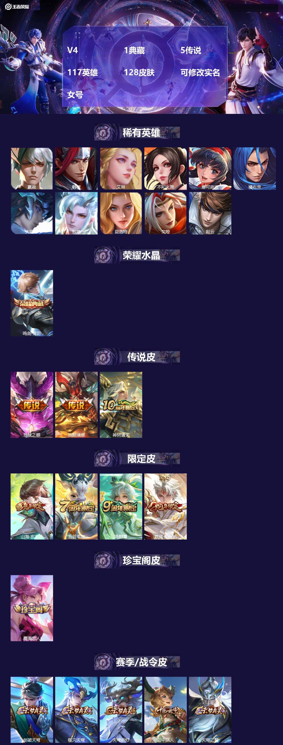 王者荣耀账号安卓QQ[16416334]V4 1典藏 5传说 117英雄 128皮肤 可修改实名 女号 
【英雄全皮】敖