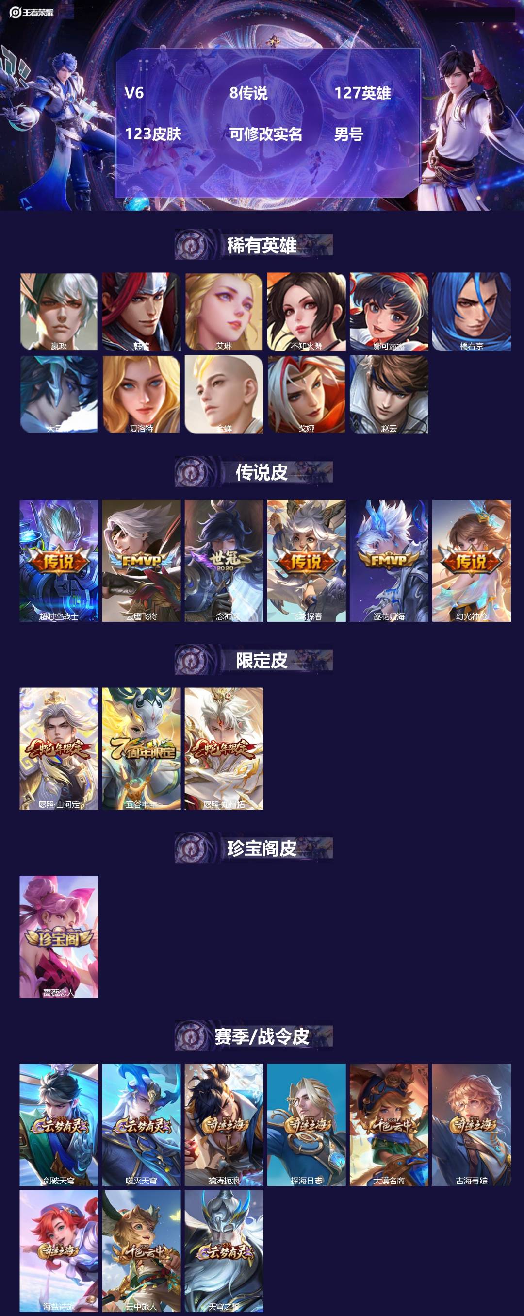 王者荣耀账号苹果QQ127英雄-123皮肤-[]V6 8传说 127英雄 123皮肤 可修改实名 男号 
【英雄全皮】大