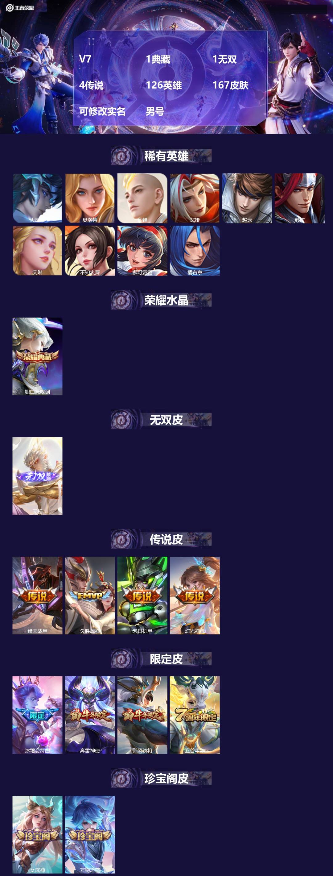 王者荣耀账号安卓QQV7 1典藏 1无双 4传说 126英雄 167皮肤 可修改实名 男号 
【英雄全皮】蚩奼全皮,大禹