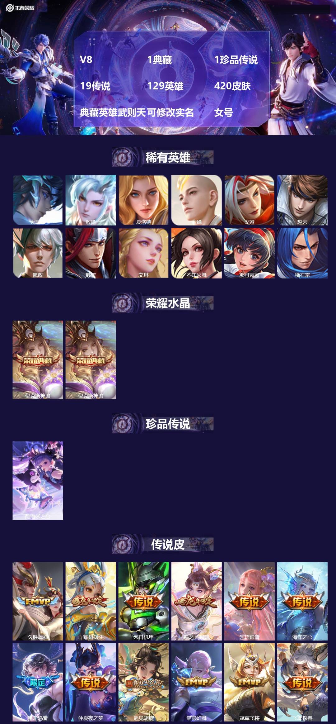 王者荣耀账号安卓QQ129英雄-422皮肤-[]V8 1典藏 1珍品传说 19传说 129英雄 420皮肤 典藏英雄武则