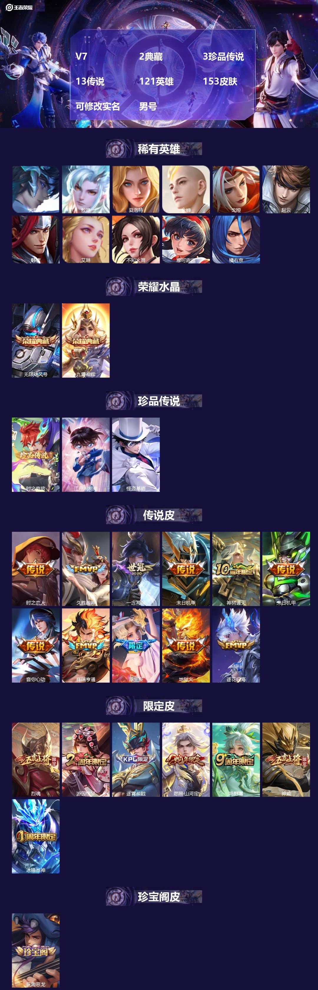 王者荣耀账号安卓QQV7 2典藏 3珍品传说 13传说 121英雄 153皮肤 可修改实名 男号 
【英雄全皮】敖隐全皮