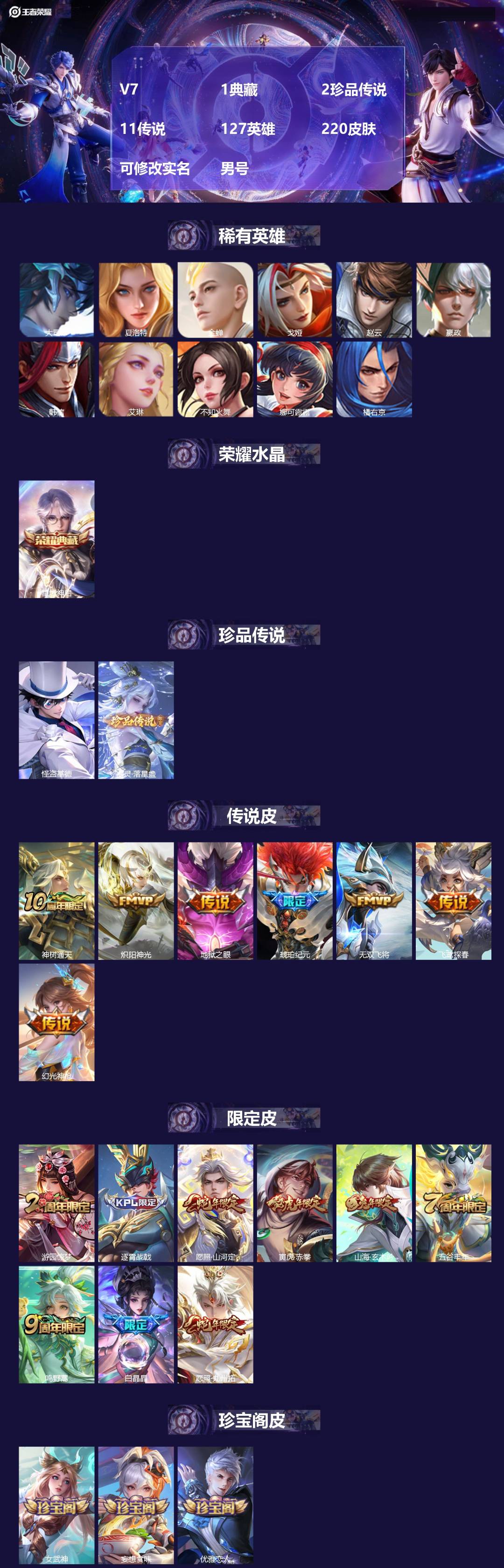 王者荣耀账号苹果QQ127英雄-220皮肤-[]V7 1典藏 2珍品传说 11传说 127英雄 220皮肤 可修改实名 