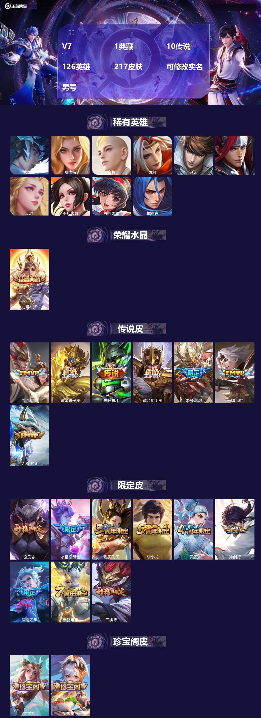 王者荣耀账号苹果QQ126英雄-217皮肤-[]V7 1典藏 10传说 126英雄 217皮肤 可修改实名 男号 
【英