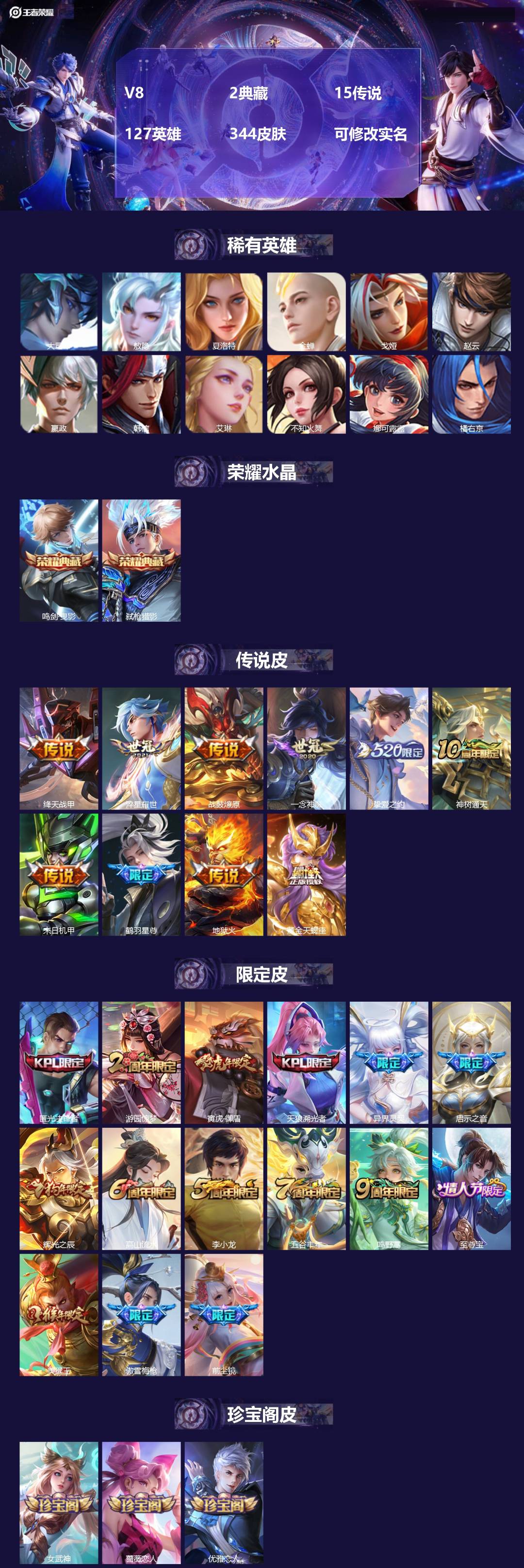 王者荣耀账号安卓QQ[16427928]V8 2典藏 15传说 127英雄 344皮肤 可修改实名 
【英雄全皮】敖隐全