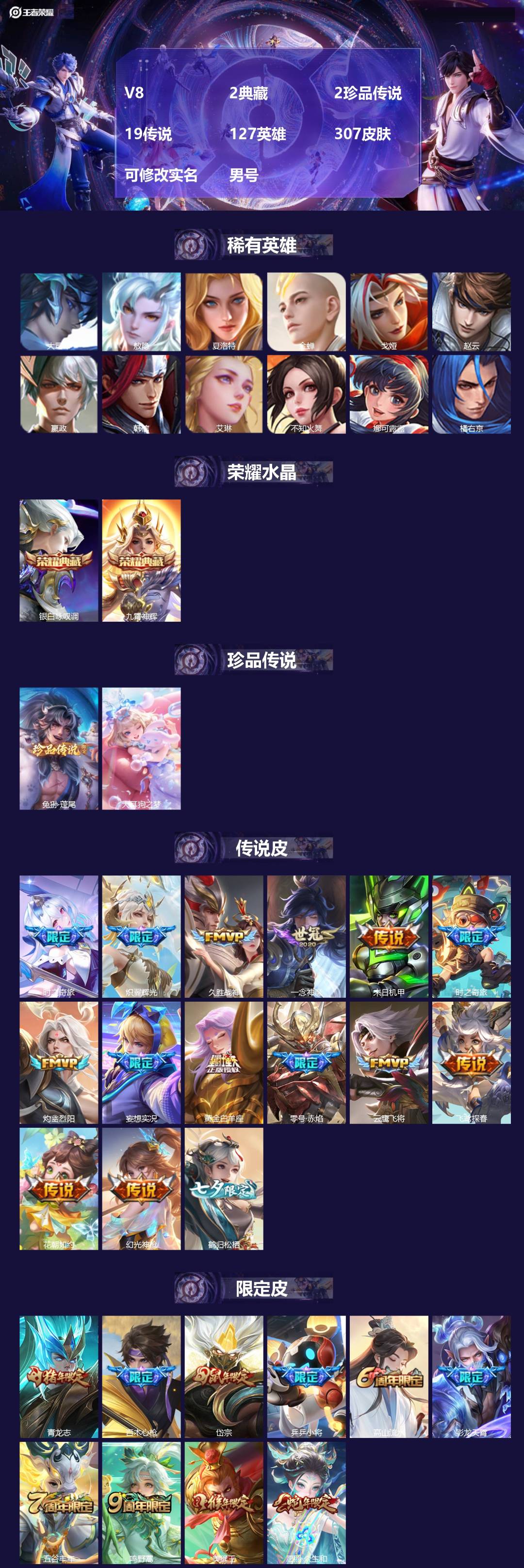 王者荣耀账号安卓QQV8 2典藏 2珍品传说 19传说 127英雄 307皮肤 可修改实名 男号 
【英雄全皮】敖隐全皮