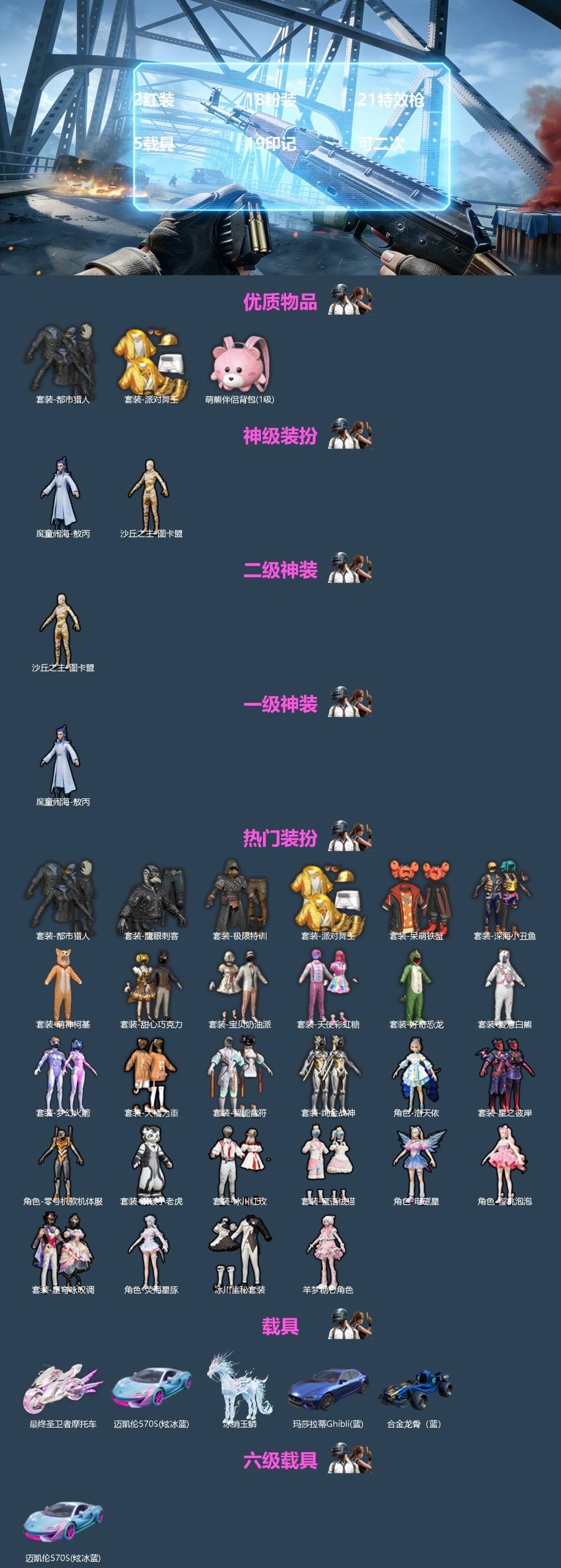 和平精英账号安卓微信5载具-211套装-307枪皮-[]2红装 18粉装 21特效枪 5载具 19印记 可二次 
【二级