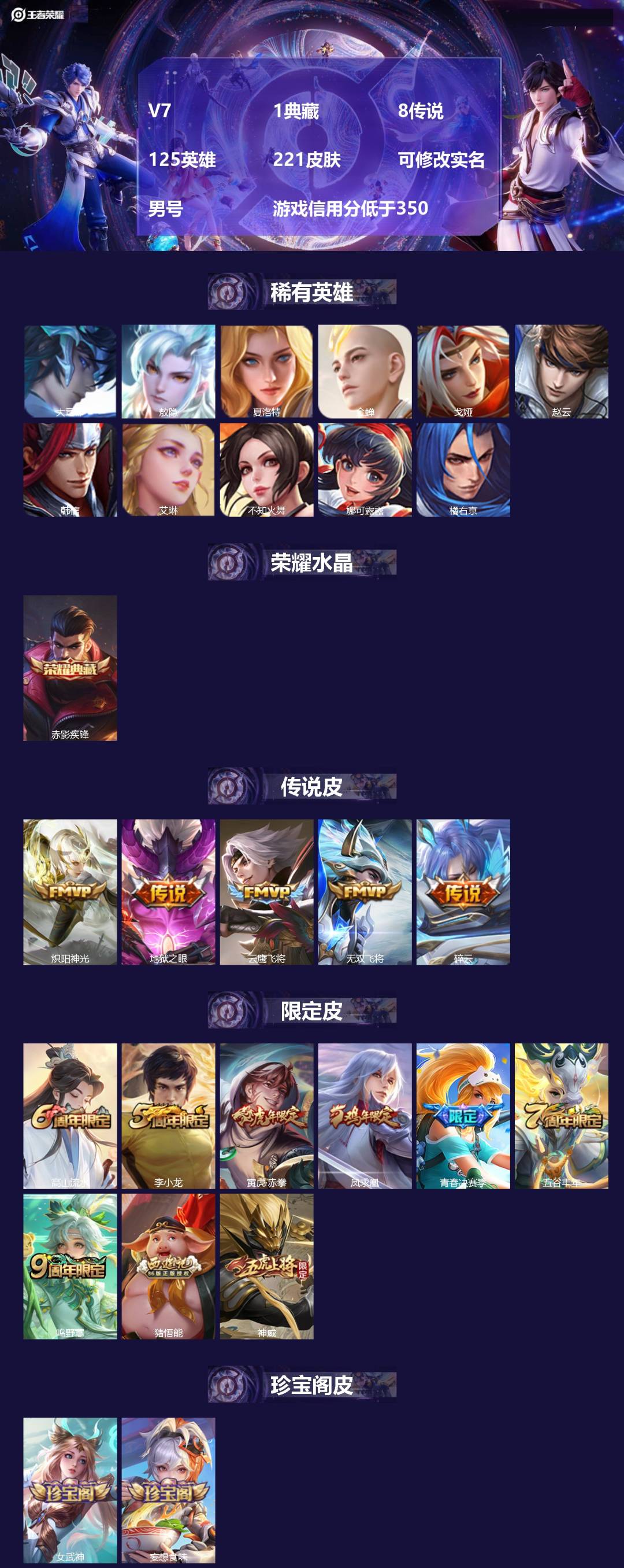 王者荣耀账号安卓QQ125英雄-221皮肤-[]V7 1典藏 8传说 125英雄 221皮肤 可修改实名 男号 游戏信用