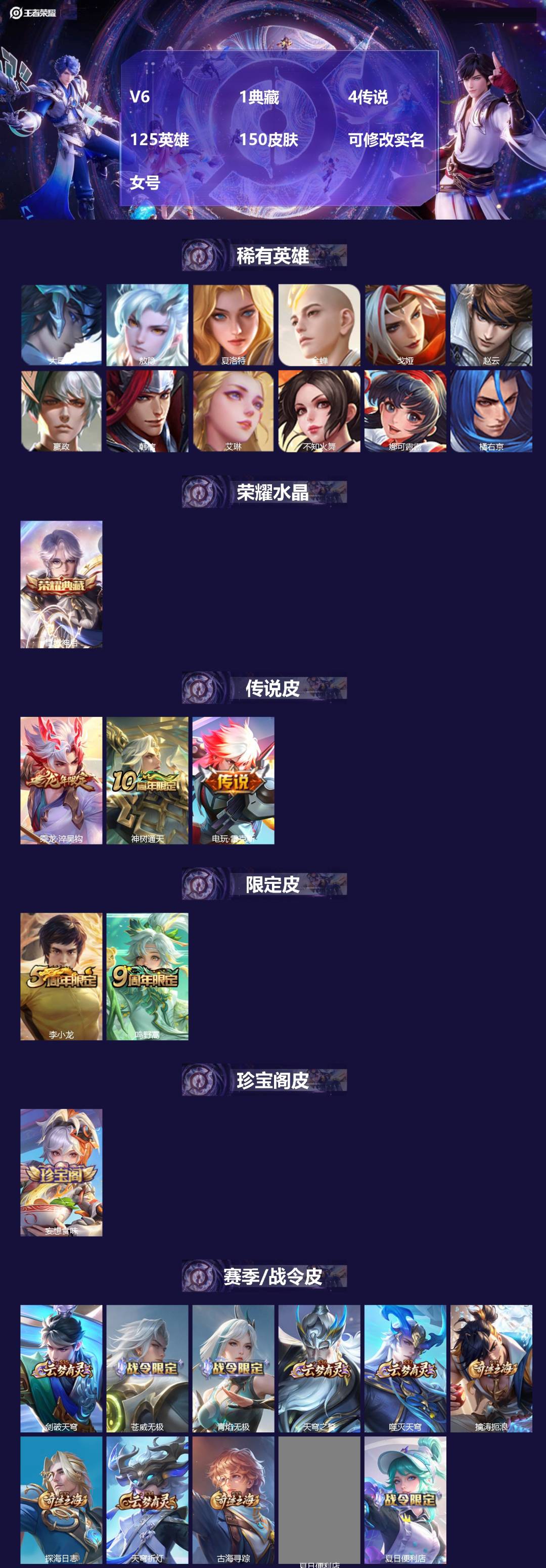 王者荣耀账号安卓QQV6 1典藏 4传说 125英雄 150皮肤 可修改实名 女号 
【英雄全皮】敖隐全皮,大禹全皮
【