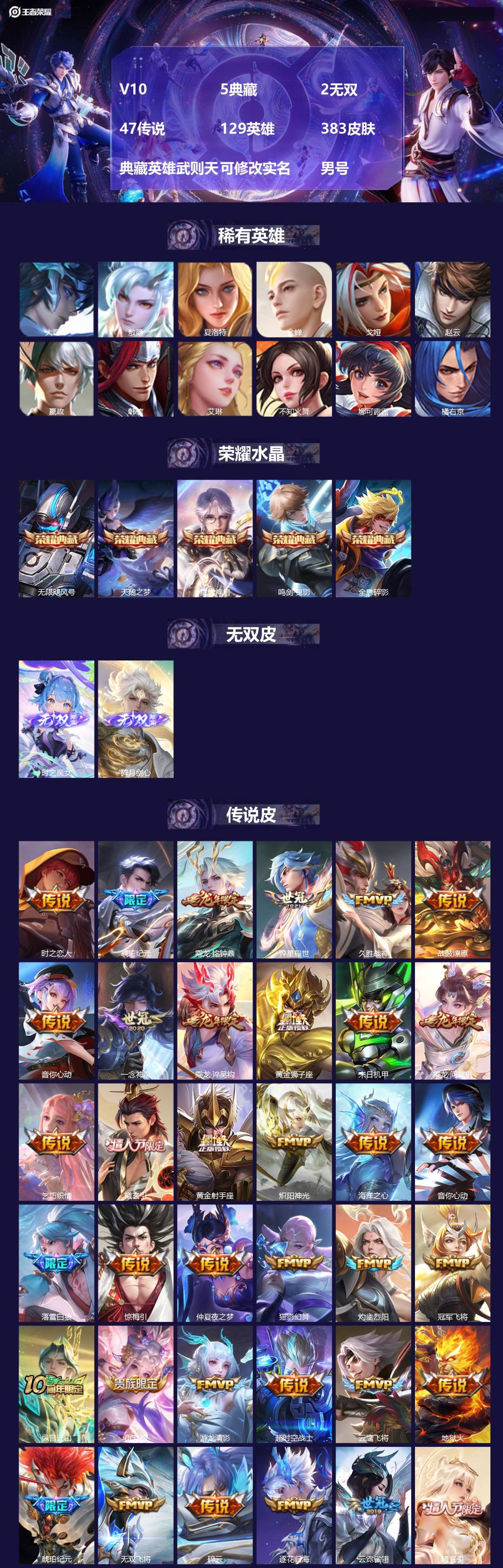 王者荣耀账号苹果QQ129英雄-384皮肤-[]V10 5典藏 2无双 47传说 129英雄 383皮肤 典藏英雄武则天