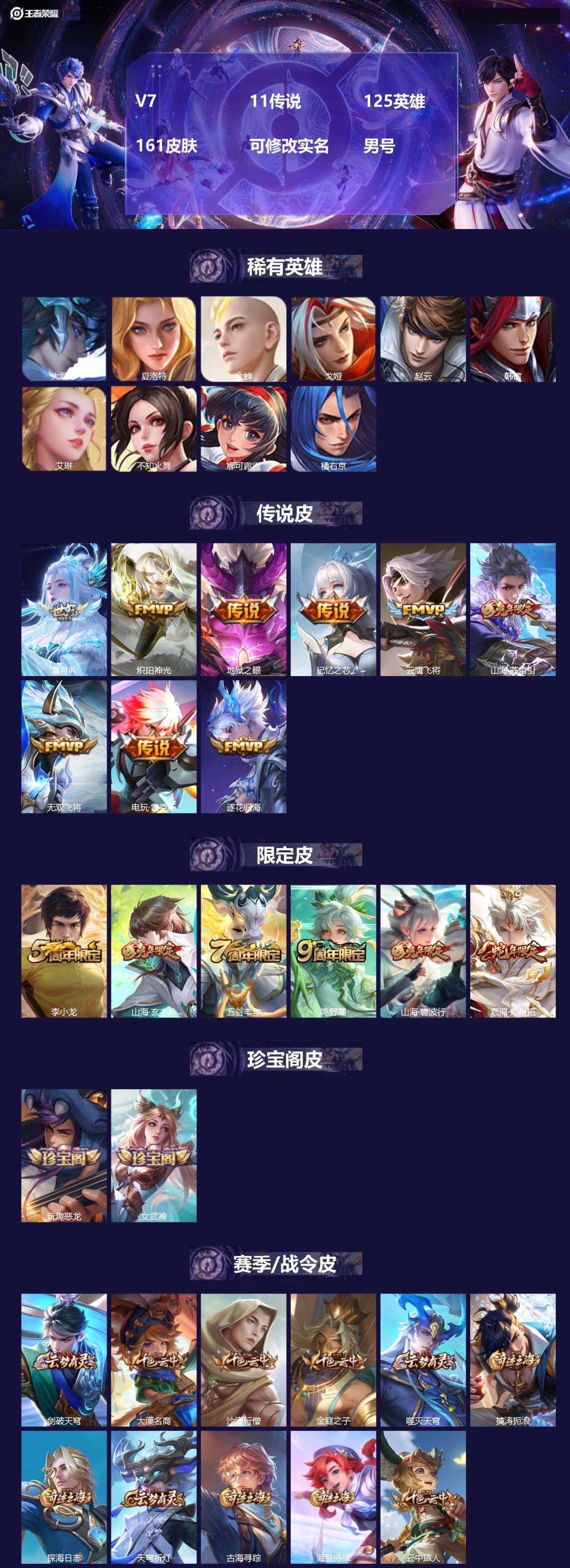 王者荣耀账号苹果QQ125英雄-161皮肤-[]V7 11传说 125英雄 161皮肤 可修改实名 男号 
【英雄全皮】