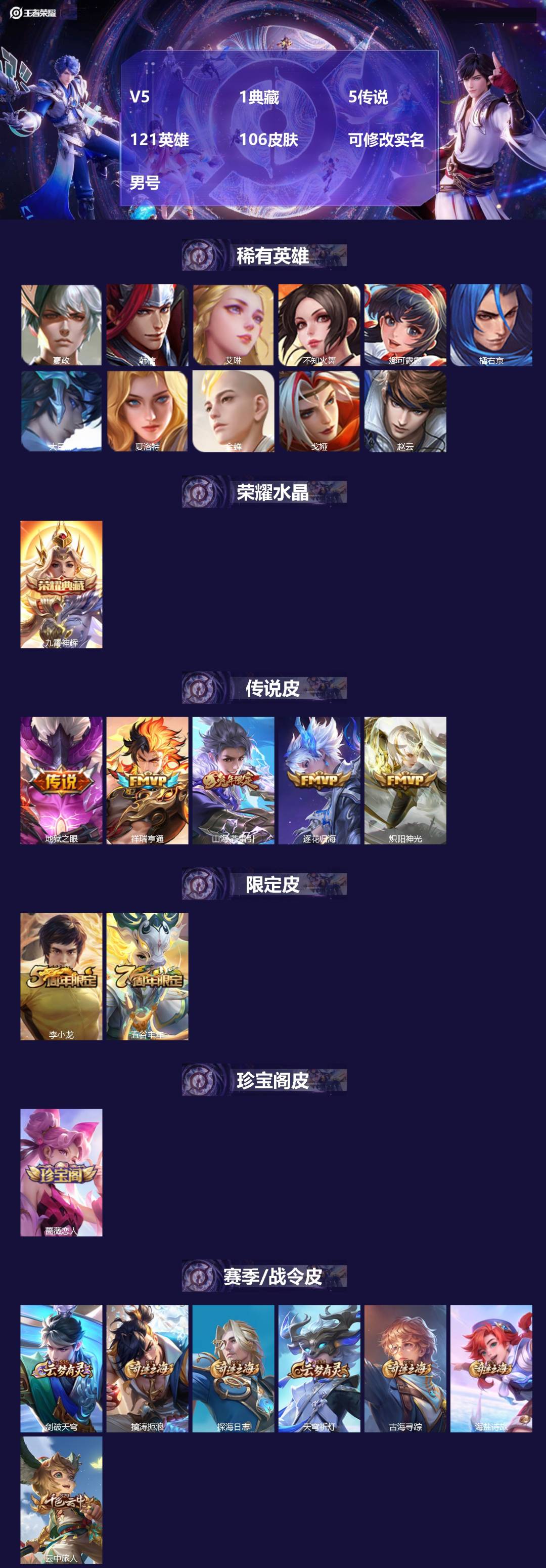 王者荣耀账号苹果QQV5 1典藏 5传说 121英雄 106皮肤 可修改实名 男号 
【稀有英雄】大司命,嬴政(始皇帝)