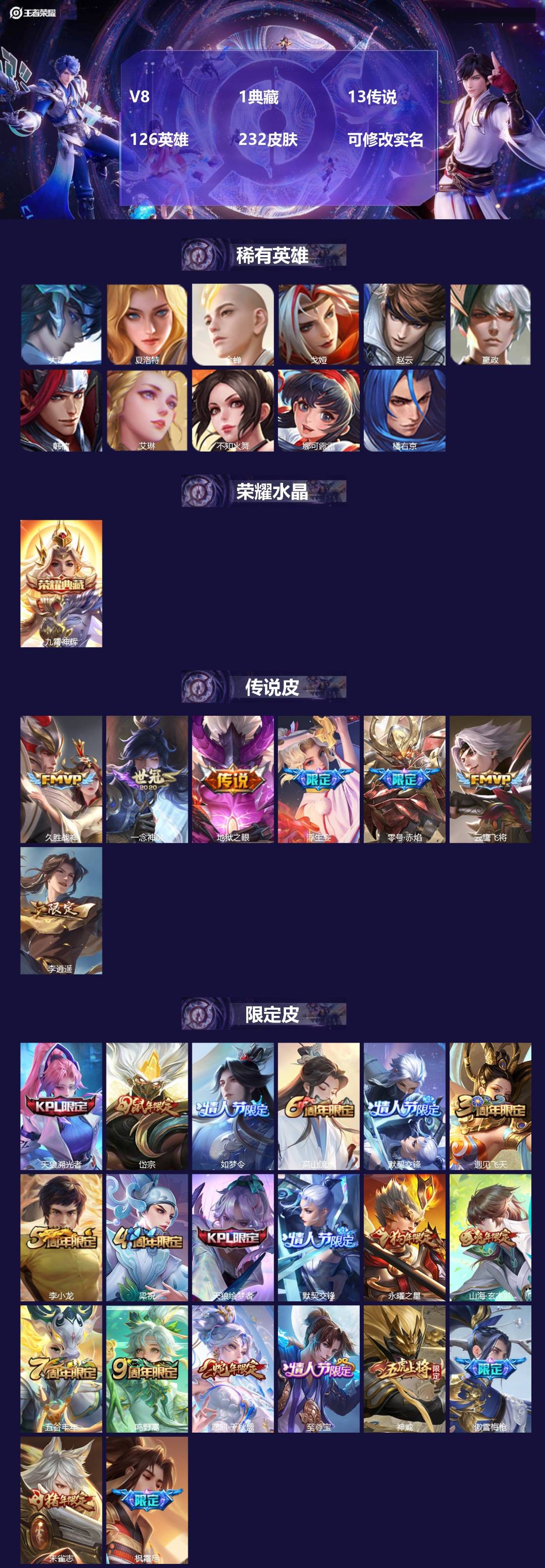 王者荣耀账号苹果QQ126英雄-232皮肤-[]V8 1典藏 13传说 126英雄 232皮肤 可修改实名 
【英雄全皮