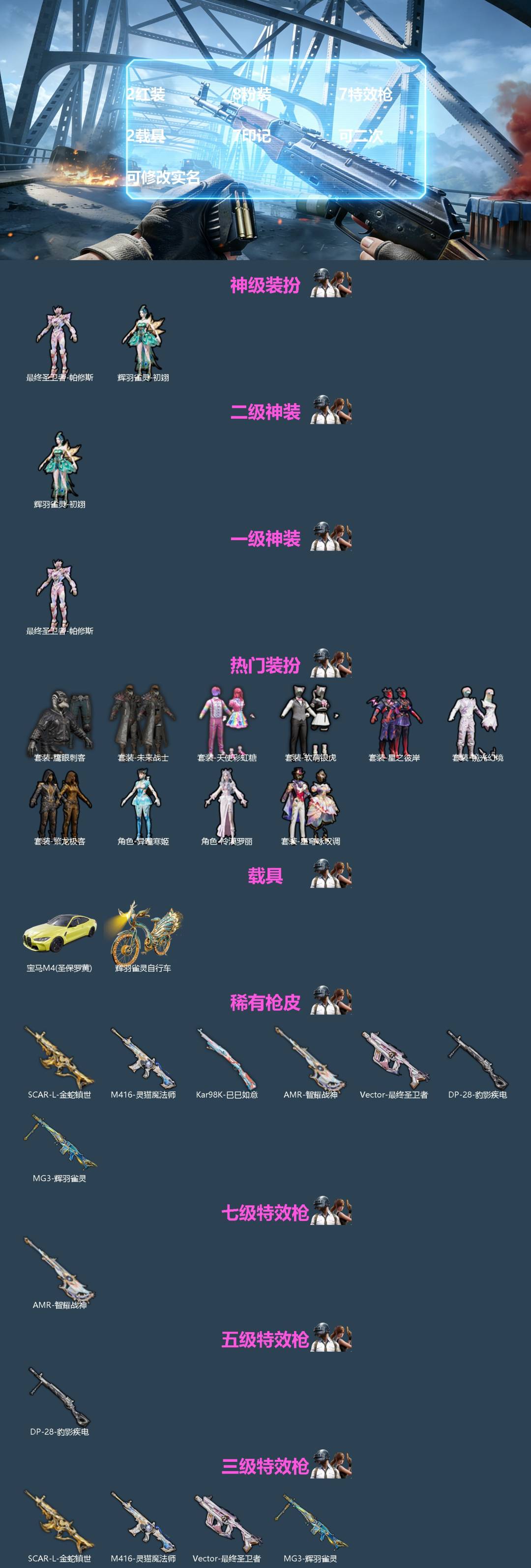 和平精英账号苹果QQ2载具-158套装-208枪皮-[]2红装 8粉装 7特效枪 2载具 7印记 可二次 可修改实名 
