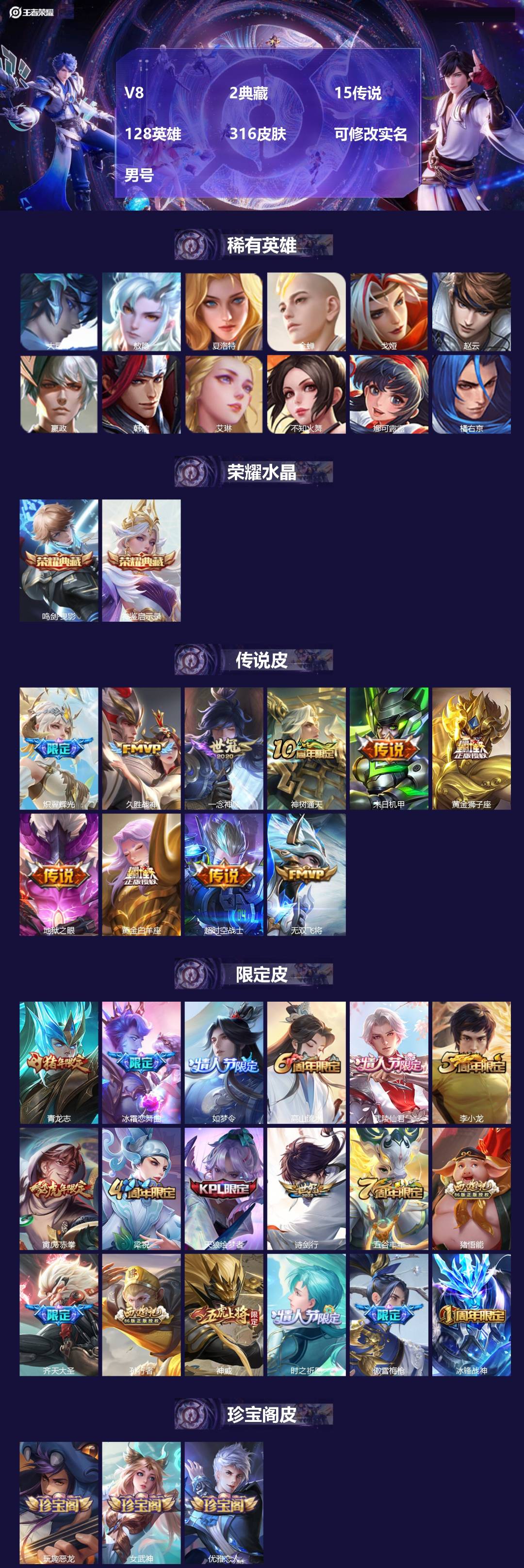 王者荣耀账号安卓QQ128英雄-316皮肤-[]V8 2典藏 15传说 128英雄 316皮肤 可修改实名 男号 
【英