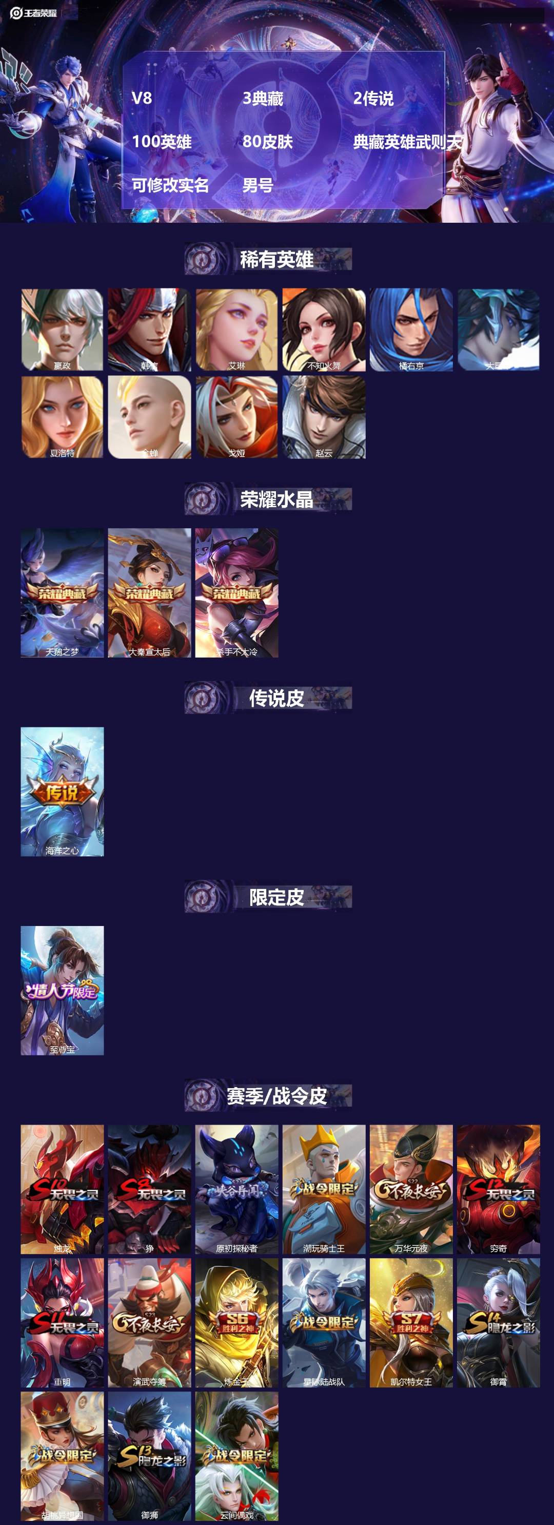 王者荣耀账号安卓QQ[16504669]V8 3典藏 2传说 100英雄 80皮肤 典藏英雄武则天 可修改实名 男号 
