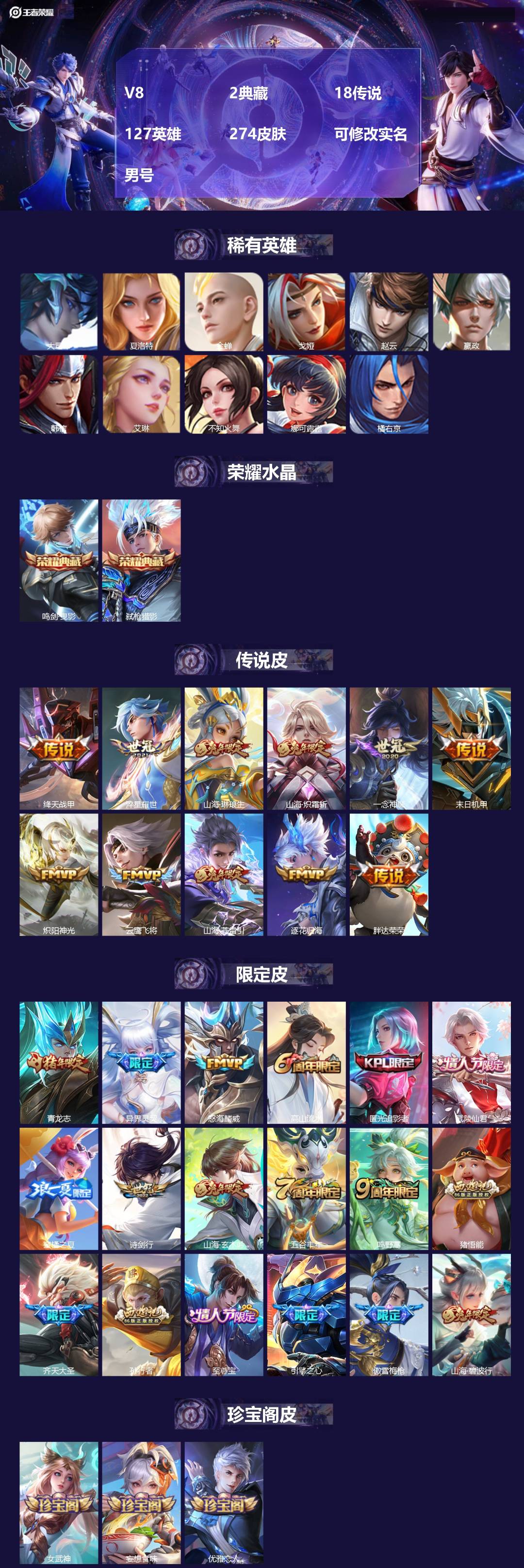 王者荣耀账号安卓QQ127英雄-274皮肤-[]V8 2典藏 18传说 127英雄 274皮肤 可修改实名 男号 
【英