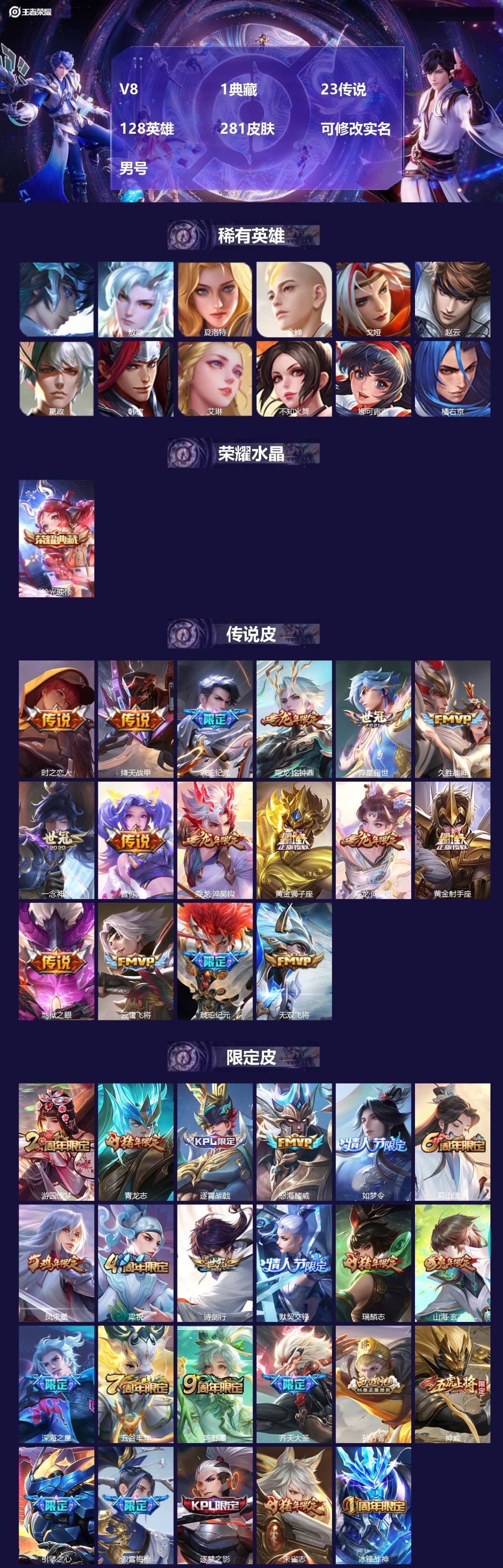 王者荣耀账号安卓QQ[16508959]V8 1典藏 23传说 128英雄 281皮肤 可修改实名 男号 
【英雄全皮】