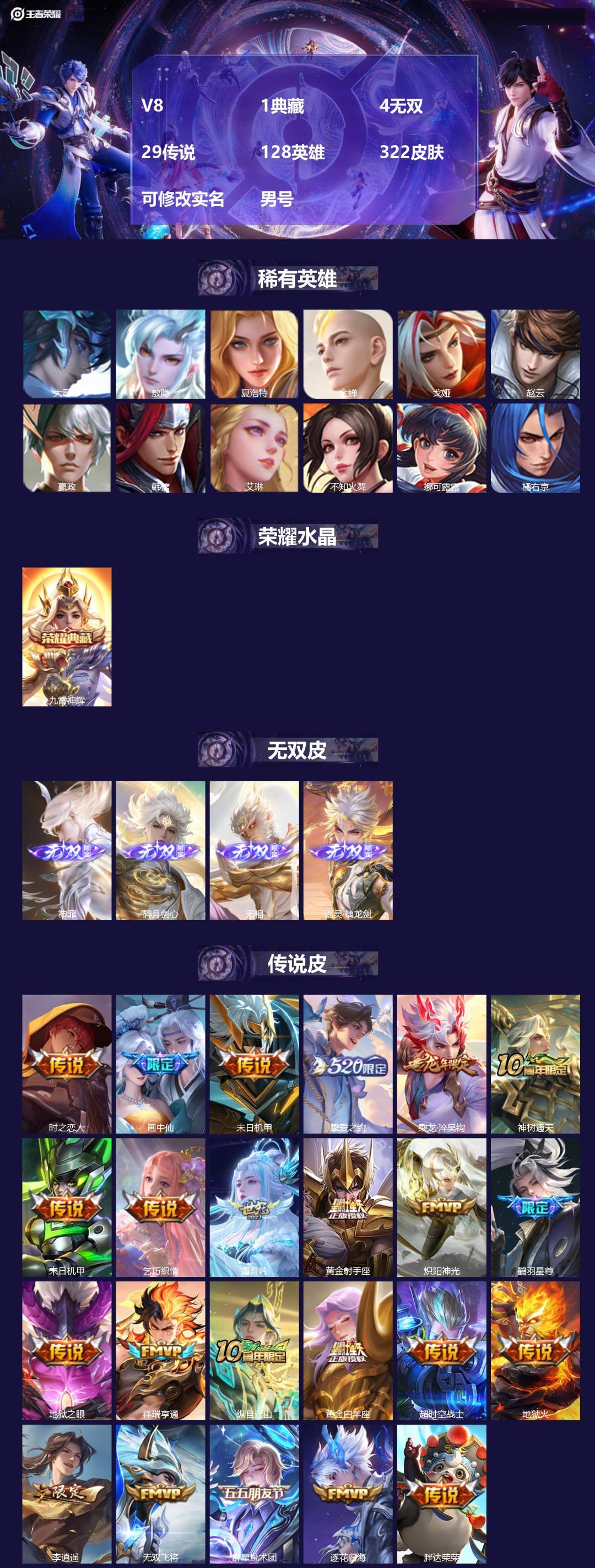 王者荣耀账号苹果QQ[16510500]V8 1典藏 4无双 29传说 128英雄 322皮肤 可修改实名 男号 
【英