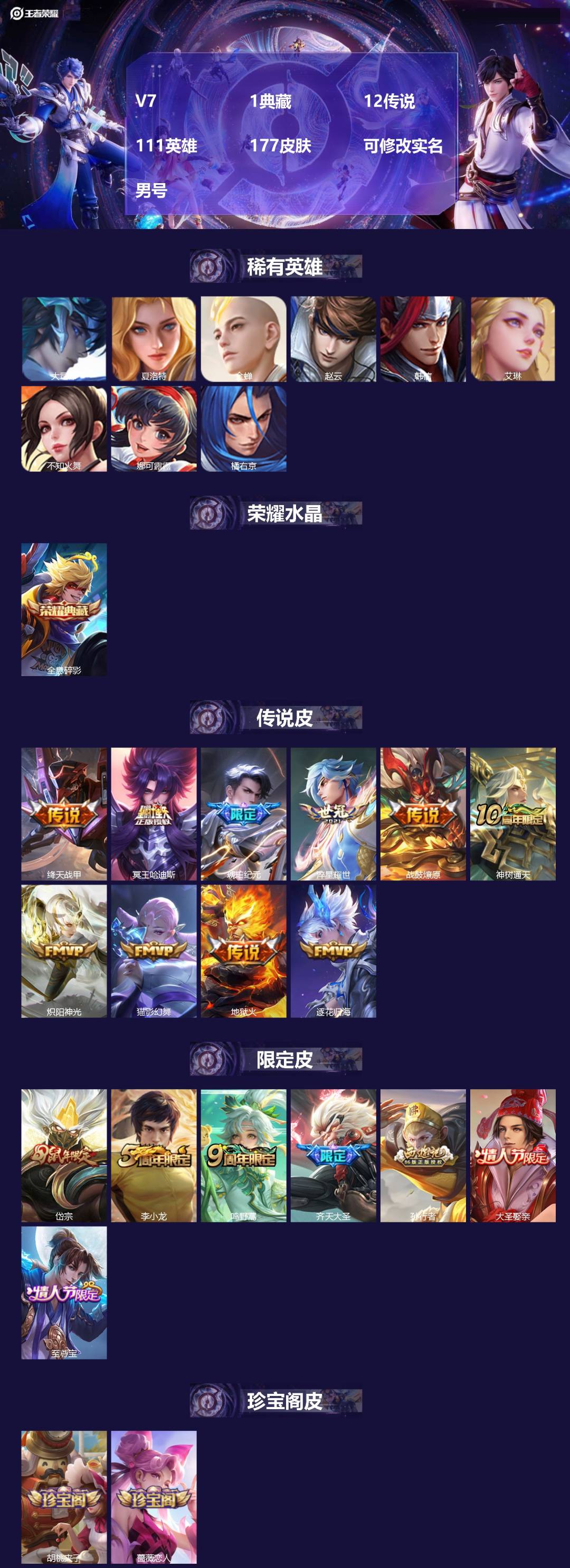 王者荣耀账号安卓QQ[16510980]V7 1典藏 12传说 111英雄 177皮肤 可修改实名 男号 
【稀有英雄】