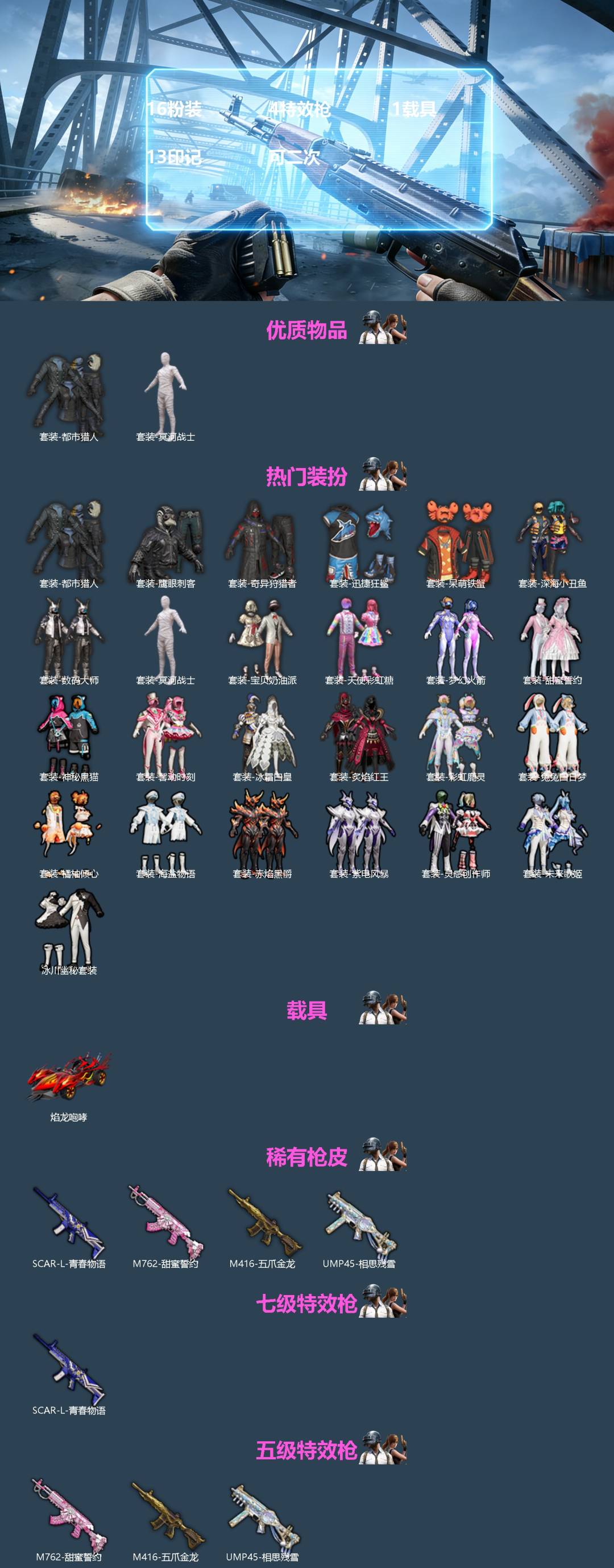 和平精英账号安卓微信1载具-134套装-166枪皮-[]16粉装 4特效枪 1载具 13印记 可二次 
【热门装扮】奇异