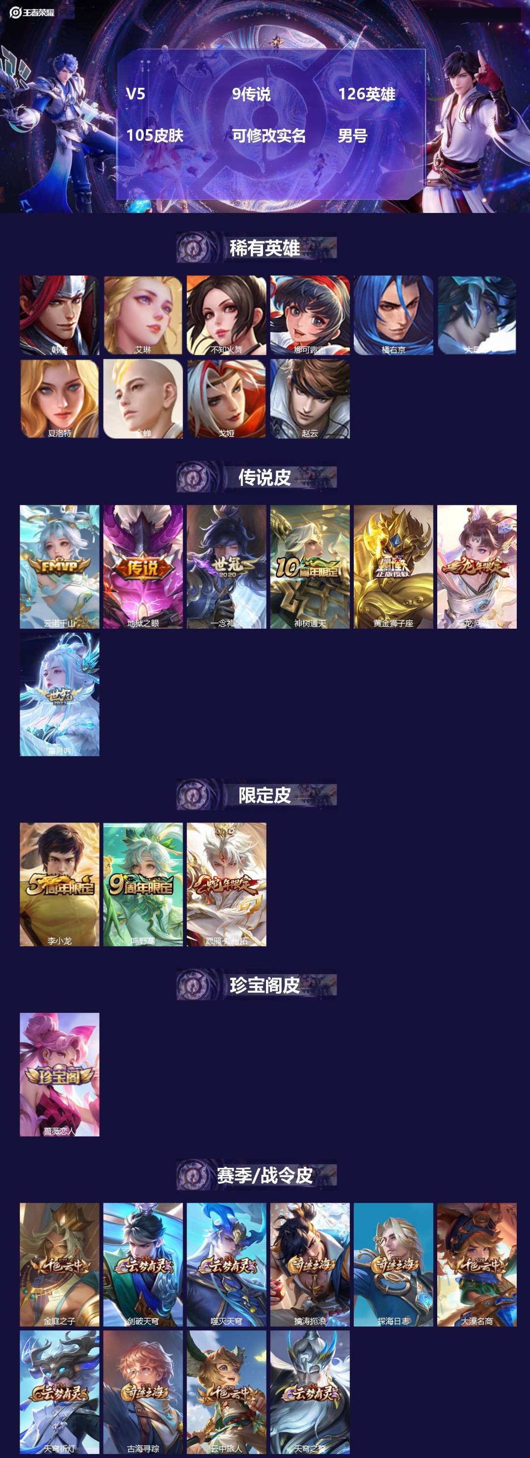 王者荣耀账号安卓QQ[16540995]V5 9传说 126英雄 105皮肤 可修改实名 男号 
【英雄全皮】蚩奼全皮,