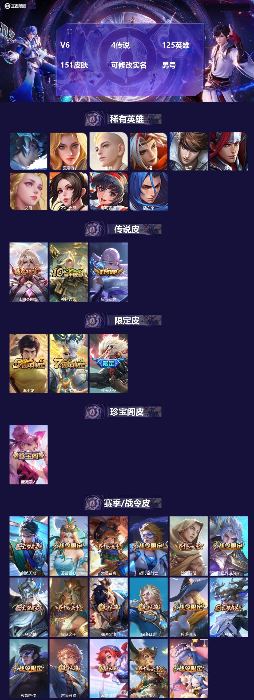 王者荣耀账号安卓QQ125英雄-151皮肤-[]V6 4传说 125英雄 151皮肤 可修改实名 男号 
【稀有英雄】大