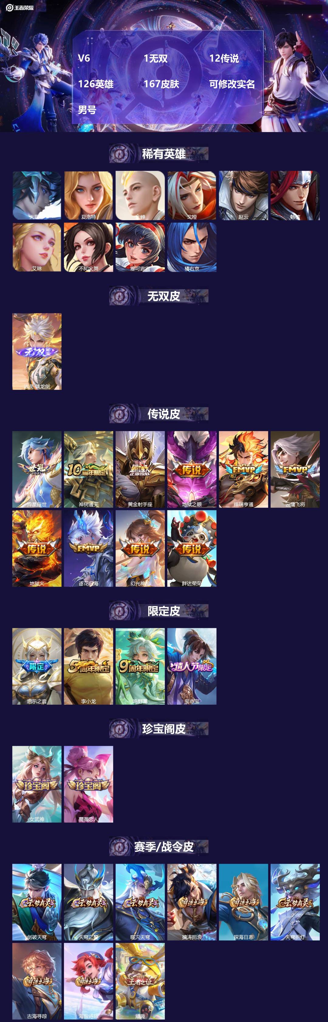 王者荣耀账号安卓QQ[16548715]V6 1无双 12传说 126英雄 167皮肤 可修改实名 男号 
【英雄全皮】