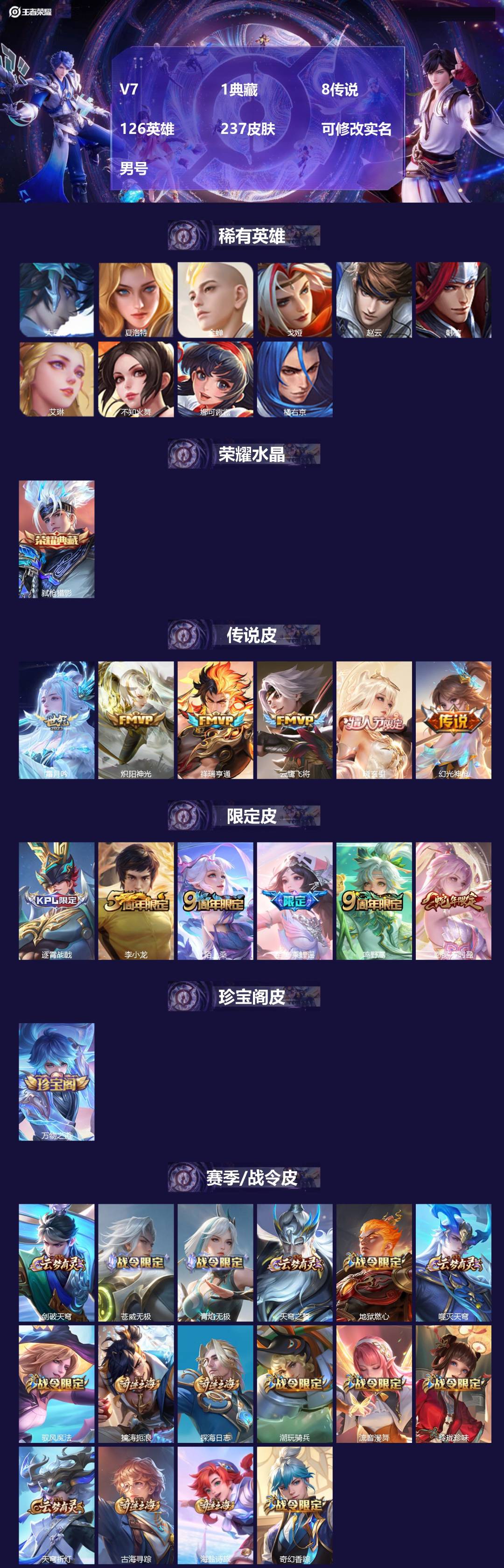 王者荣耀账号苹果QQ[16571123]V7 1典藏 8传说 126英雄 237皮肤 可修改实名 男号 
【英雄全皮】空