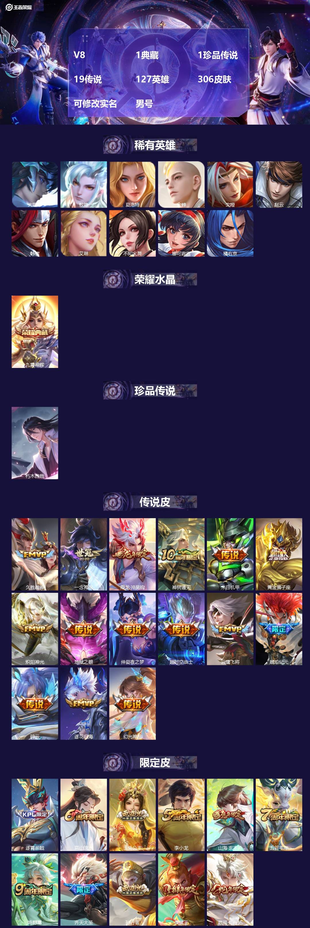 王者荣耀账号安卓QQ127英雄-306皮肤-[]V8 1典藏 1珍品传说 19传说 127英雄 306皮肤 可修改实名 