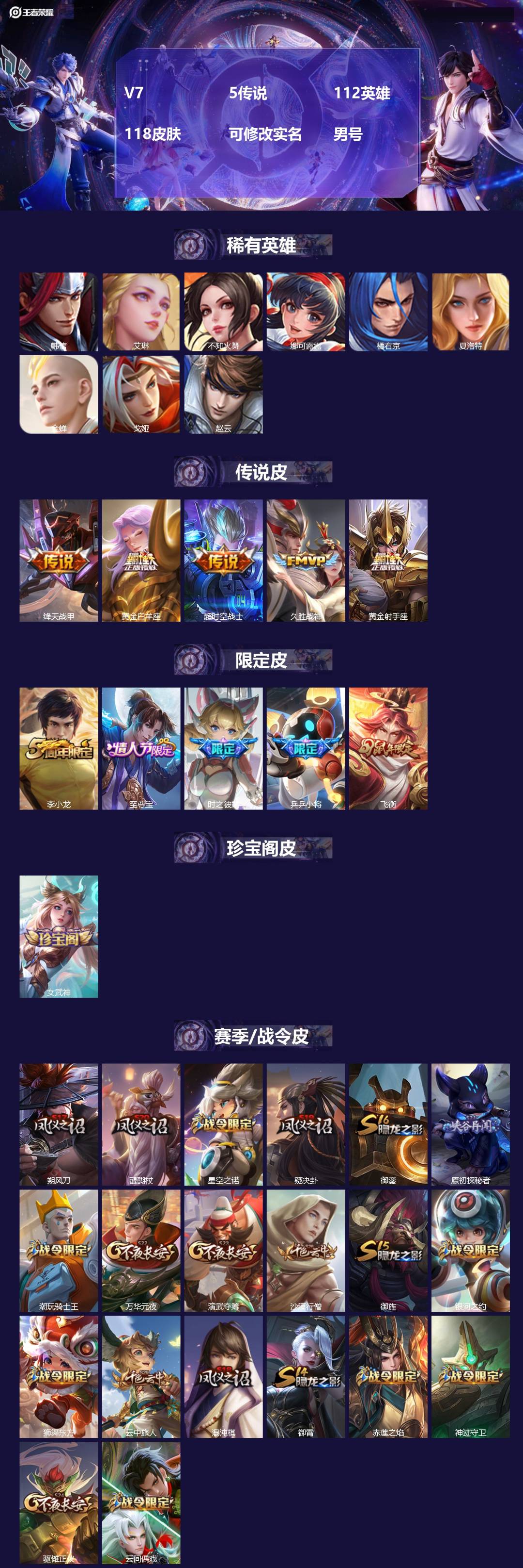 王者荣耀账号安卓QQV7 5传说 112英雄 118皮肤 可修改实名 男号 
【稀有英雄】韩信(韩跳跳),夏洛特(夏师傅