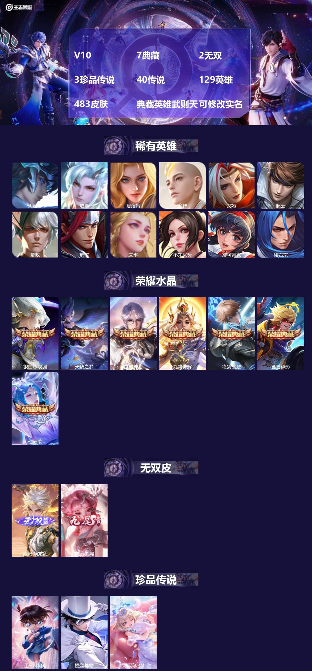 王者荣耀账号苹果QQ[16597805]V10 7典藏 2无双 3珍品传说 40传说 129英雄 483皮肤 典藏英雄武