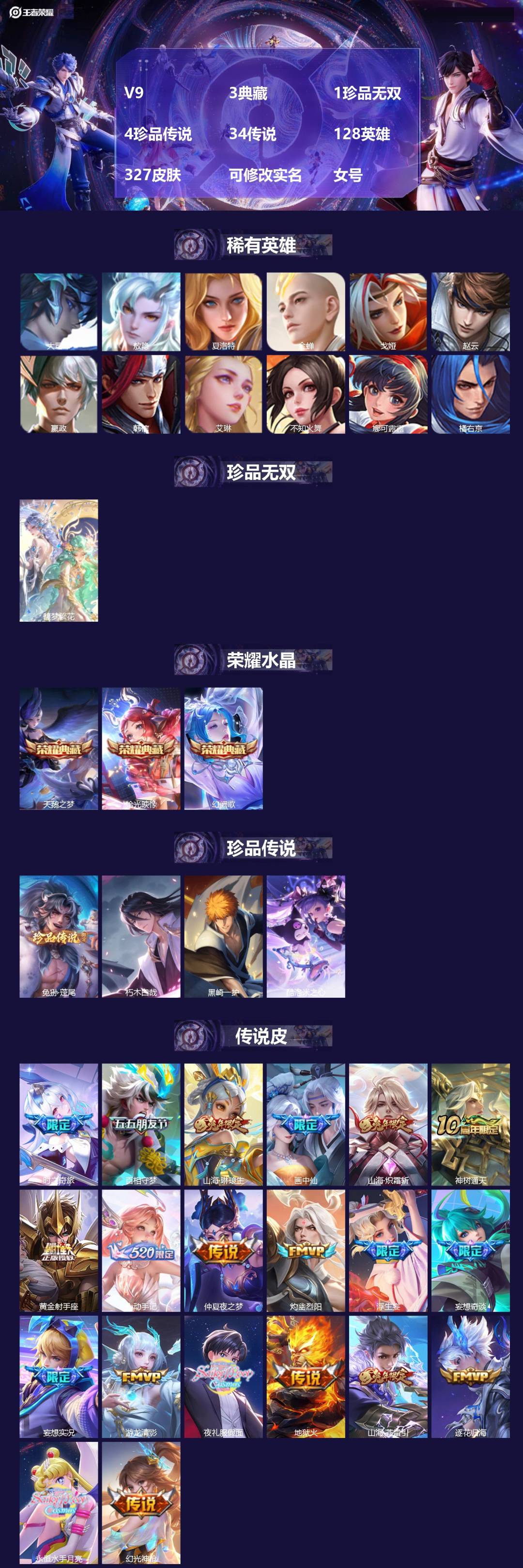 王者荣耀账号安卓VXV9 3典藏 1珍品无双 4珍品传说 34传说 128英雄 327皮肤 可修改实名 女号 
【英雄全