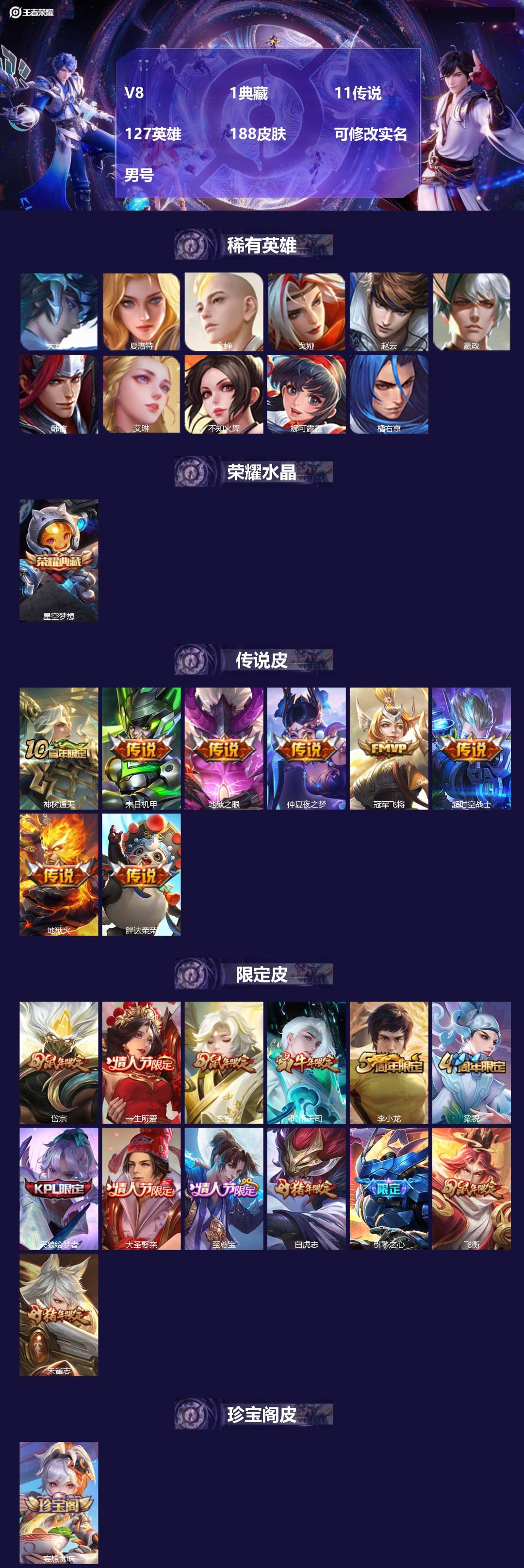 王者荣耀账号安卓QQ[16608514]V8 1典藏 11传说 127英雄 188皮肤 可修改实名 男号 
【英雄全皮】