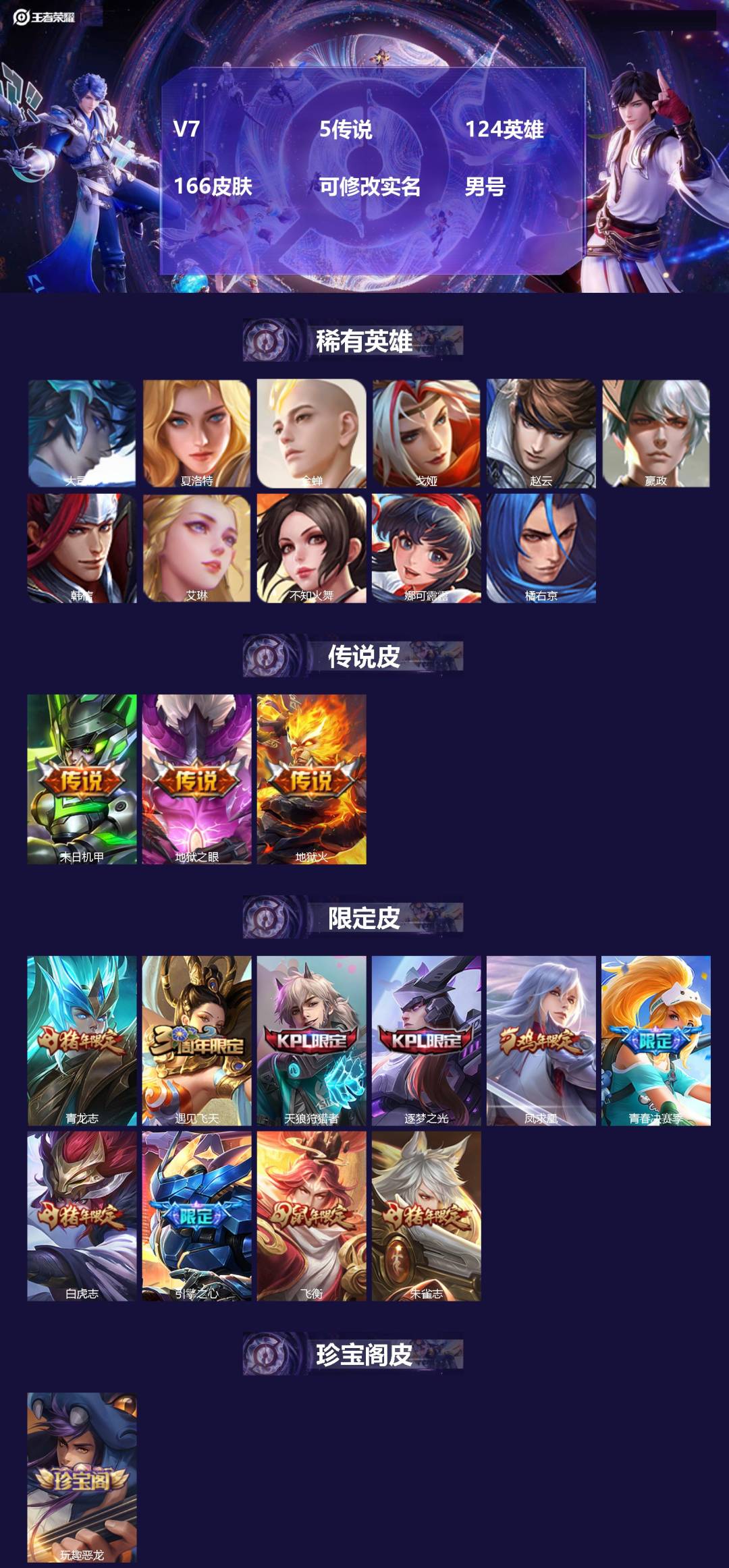 王者荣耀账号安卓QQV7 5传说 124英雄 166皮肤 可修改实名 男号 
【稀有英雄】大司命,嬴政(始皇帝),韩信(